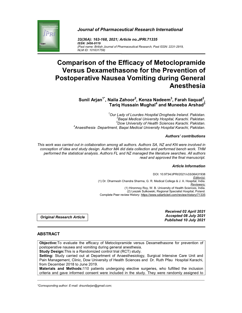 Comparison of the Efficacy of Metoclopramide Versus Dexamethasone for the Prevention of Postoperative Nausea Vomiting During General Anesthesia