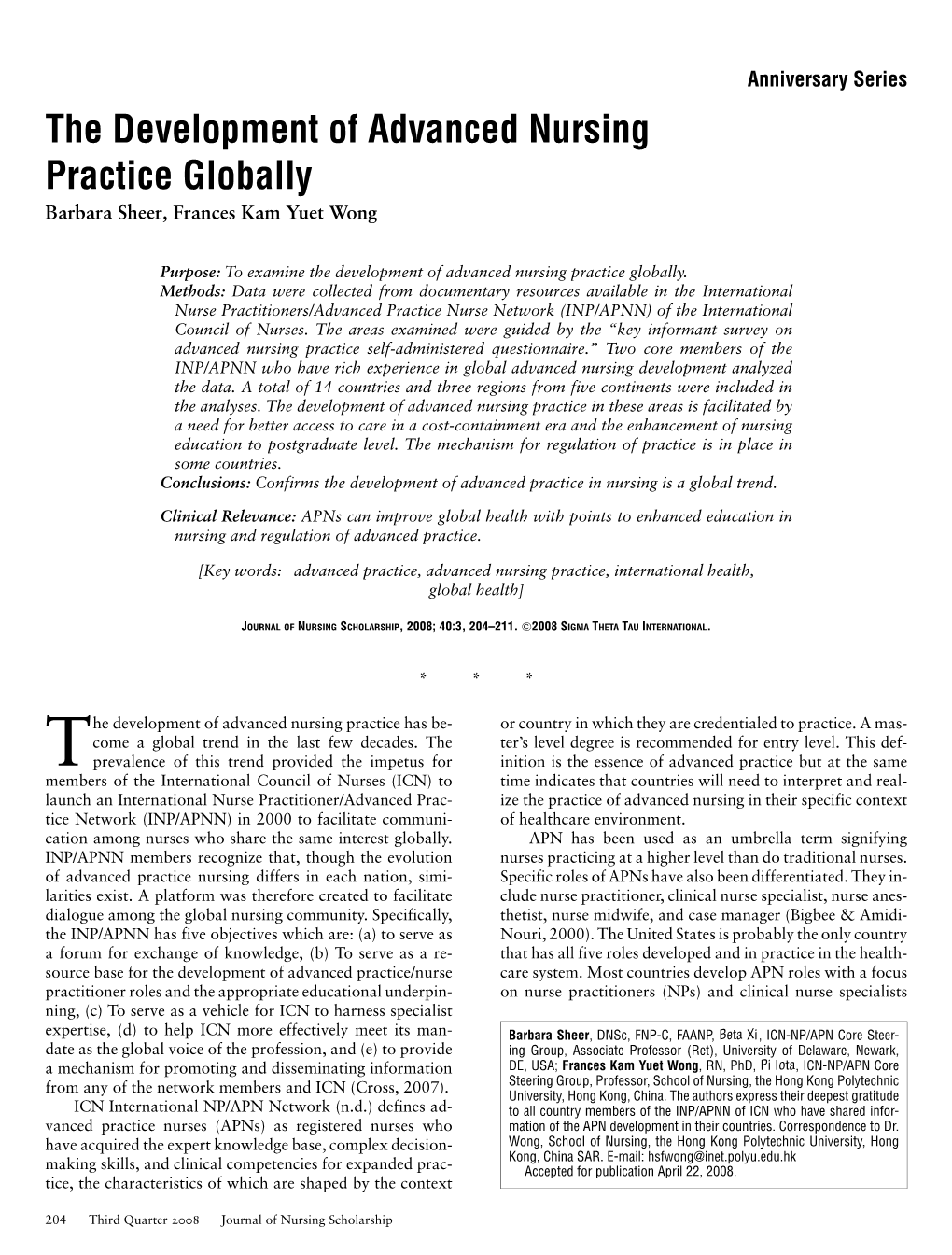 The Development of Advanced Nursing Practice Globally Barbara Sheer, Frances Kam Yuet Wong