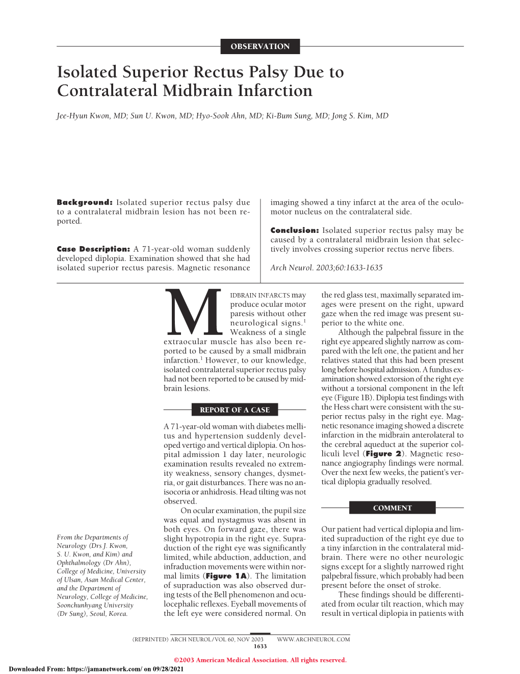 Isolated Superior Rectus Palsy Due to Contralateral Midbrain Infarction