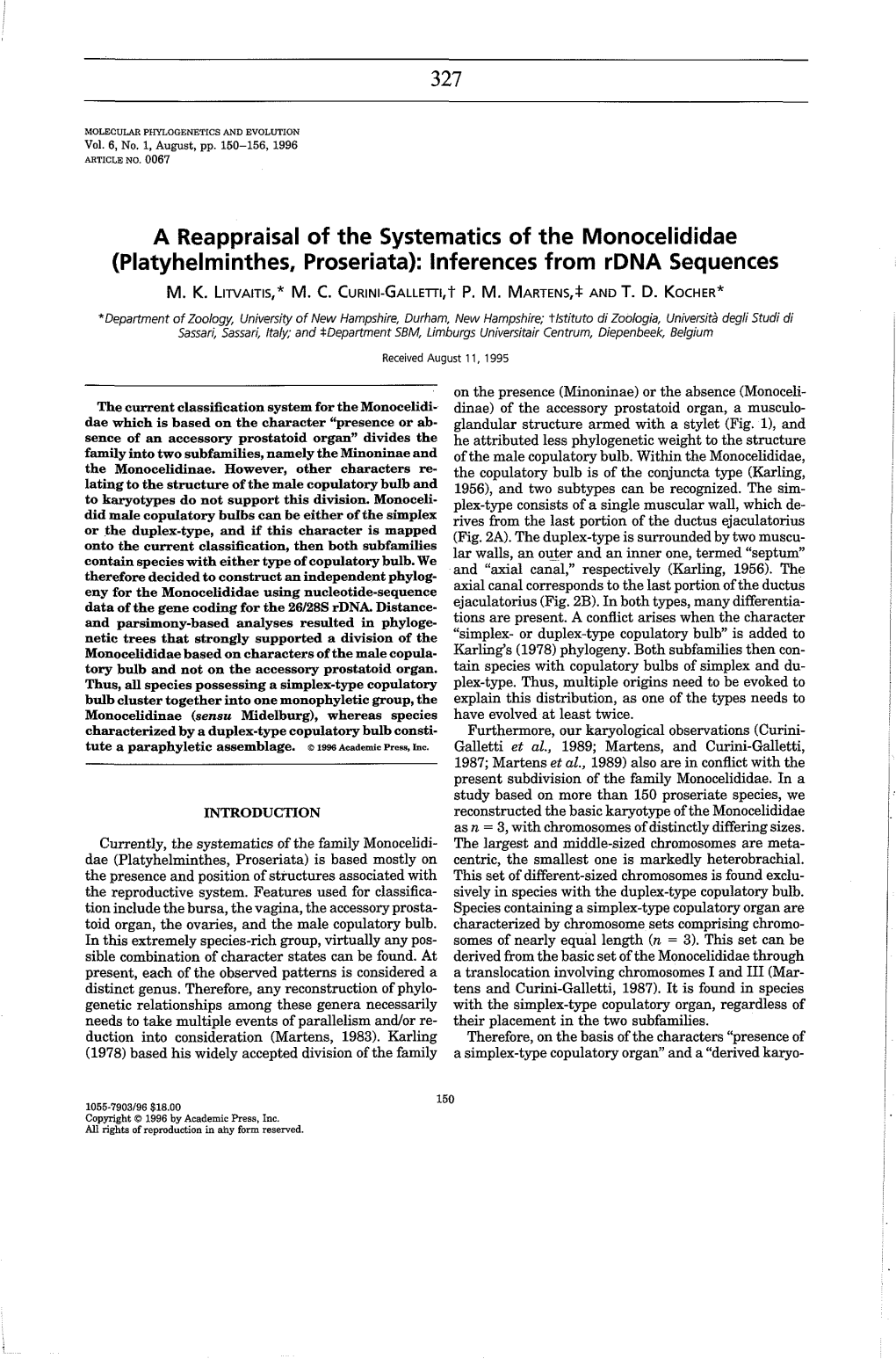 Platyhelminthes, Proseriata): Inferences from Rdna Sequences