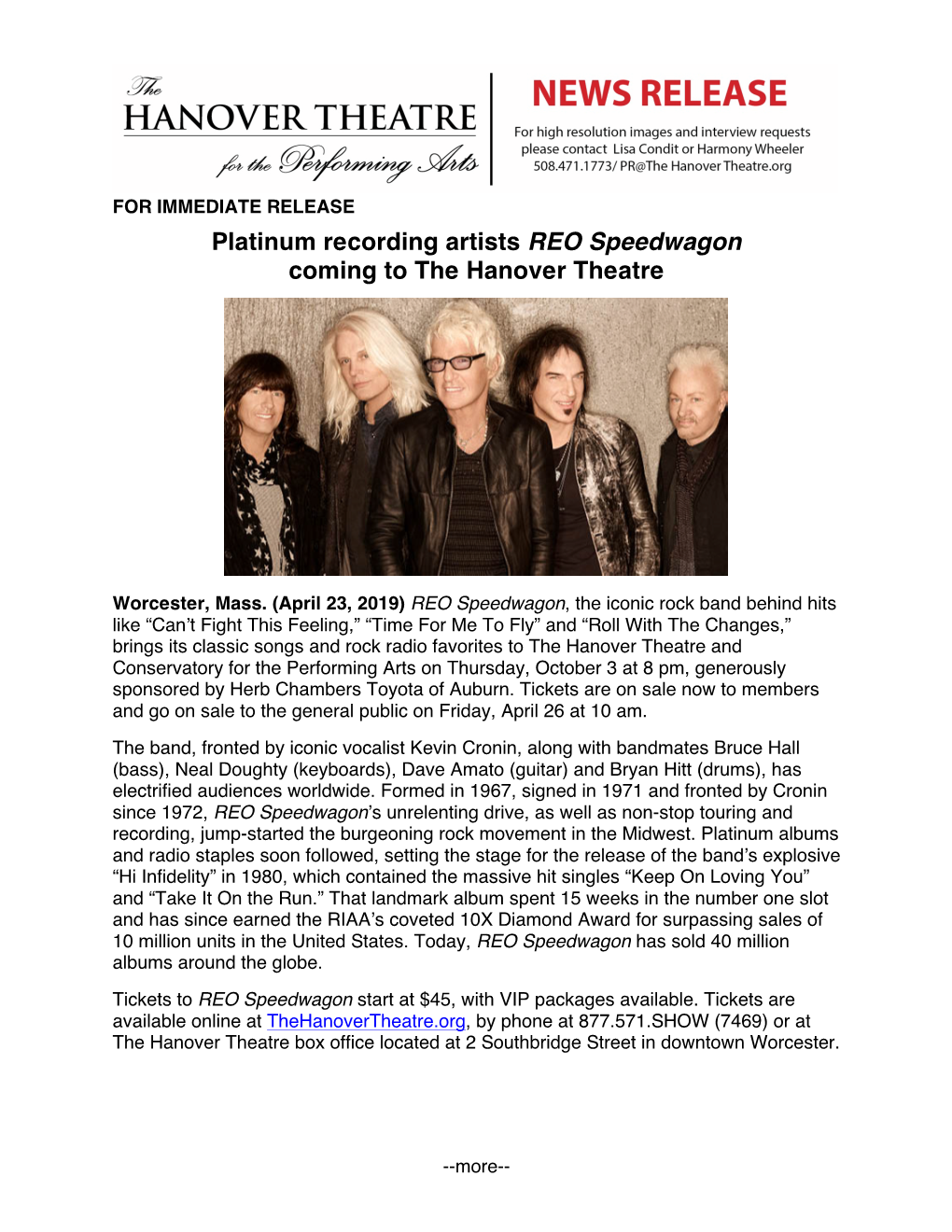 Platinum Recording Artists REO Speedwagon Coming to the Hanover Theatre