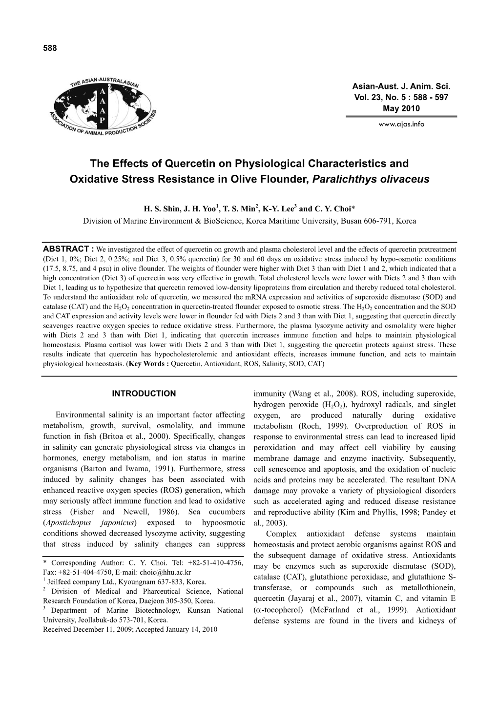 The Effects of Quercetin on Physiological Characteristics and Oxidative Stress Resistance in Olive Flounder, Paralichthys Olivaceus