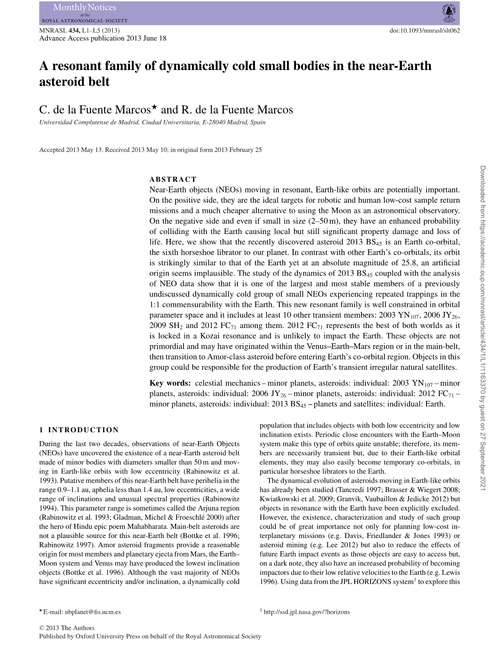 A Resonant Family of Dynamically Cold Small Bodies in the Near-Earth Asteroid Belt