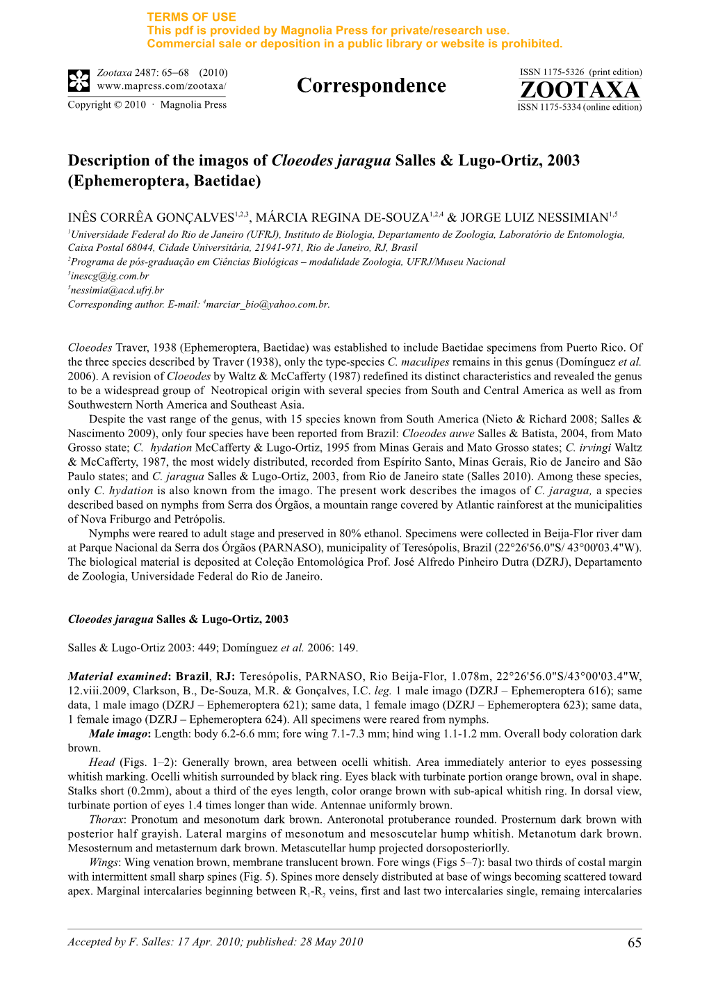 Zootaxa, Description of the Imagos of Cloeodes Jaragua Salles & Lugo