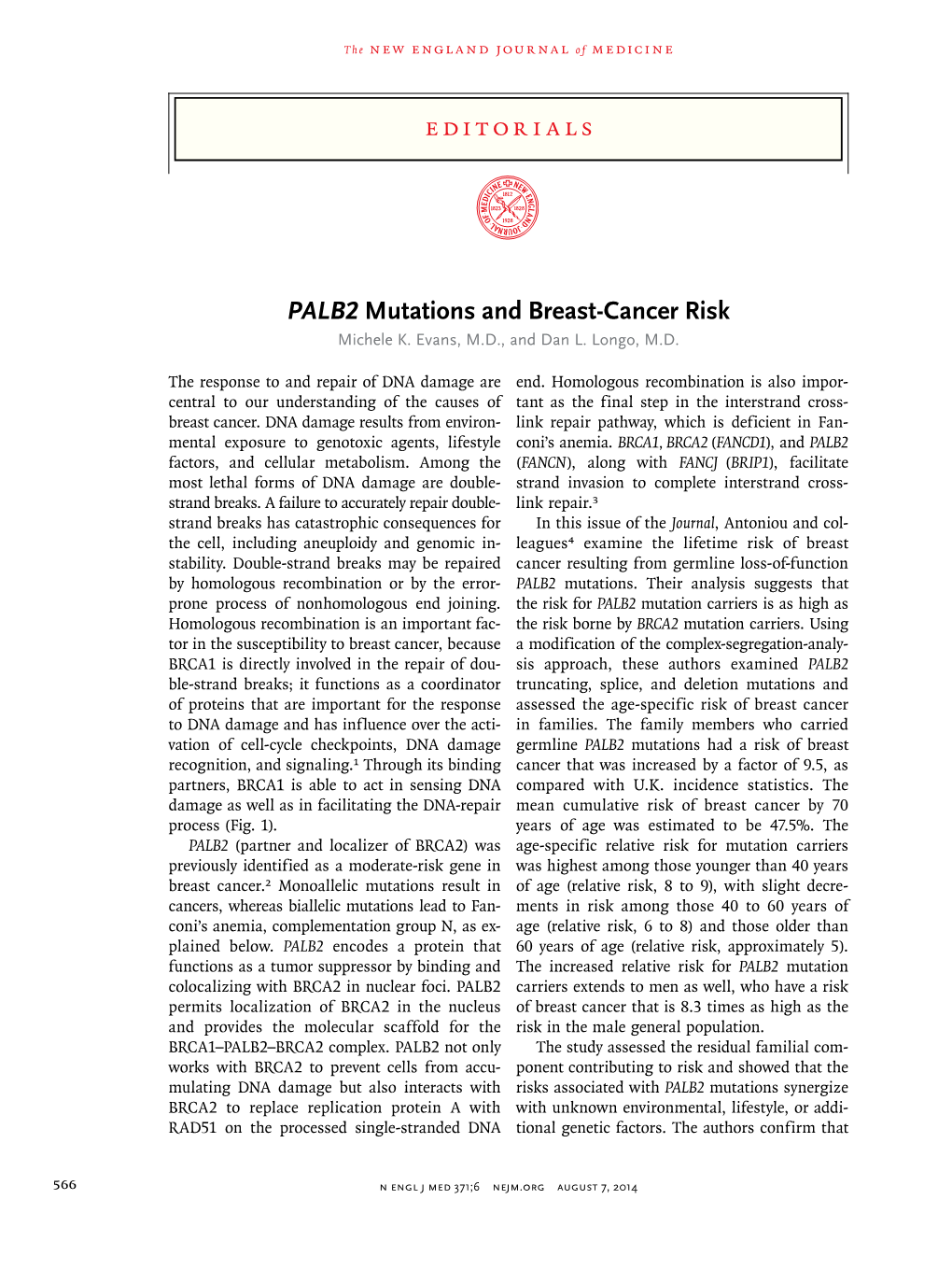 PALB2 Mutations and Breast-Cancer Risk Michele K