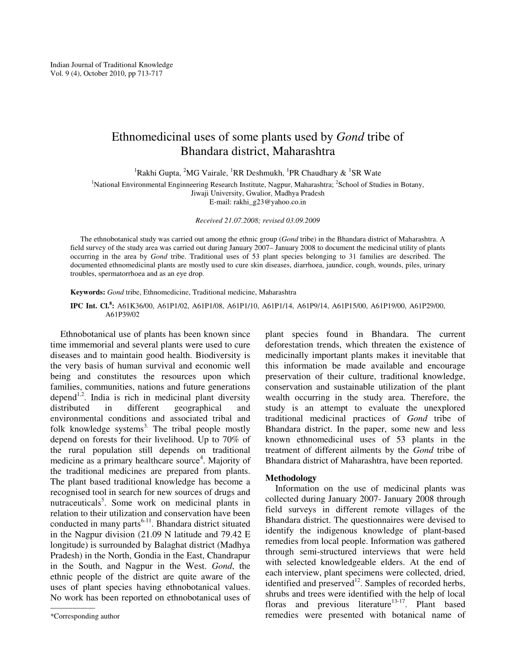 Ethnomedicinal Uses of Some Plants Used by Gond Tribe of Bhandara District, Maharashtra