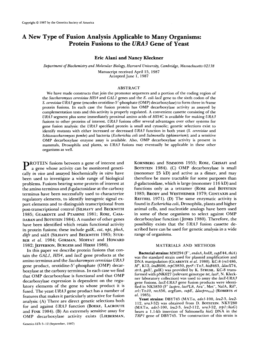 Protein Fusions to the URA3 Gene of Yeast