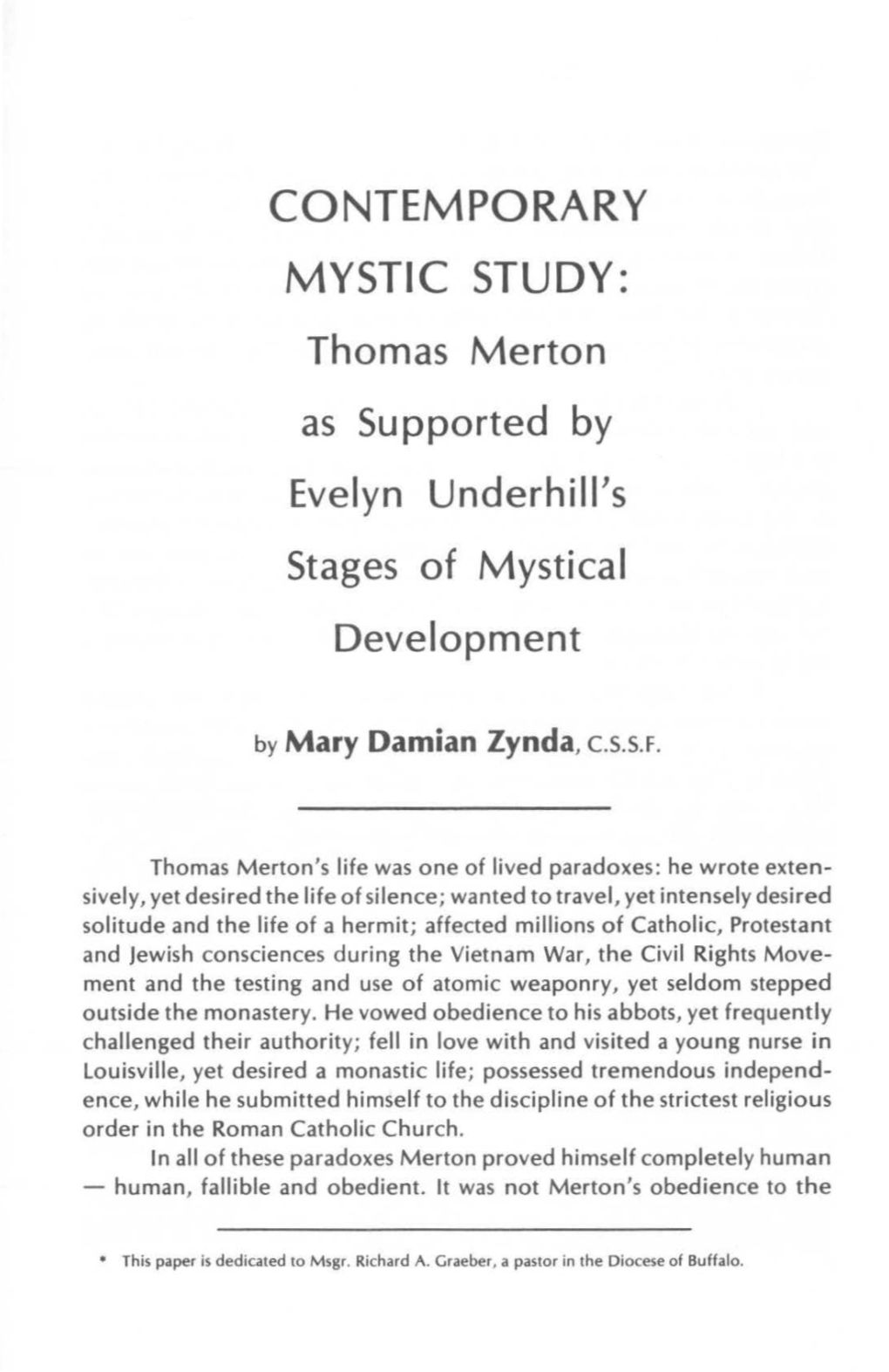 CONTEMPORARY MYSTIC STUDY: Thomas Merton As Supported by Evelyn Underhill's Stages of Mystical Development