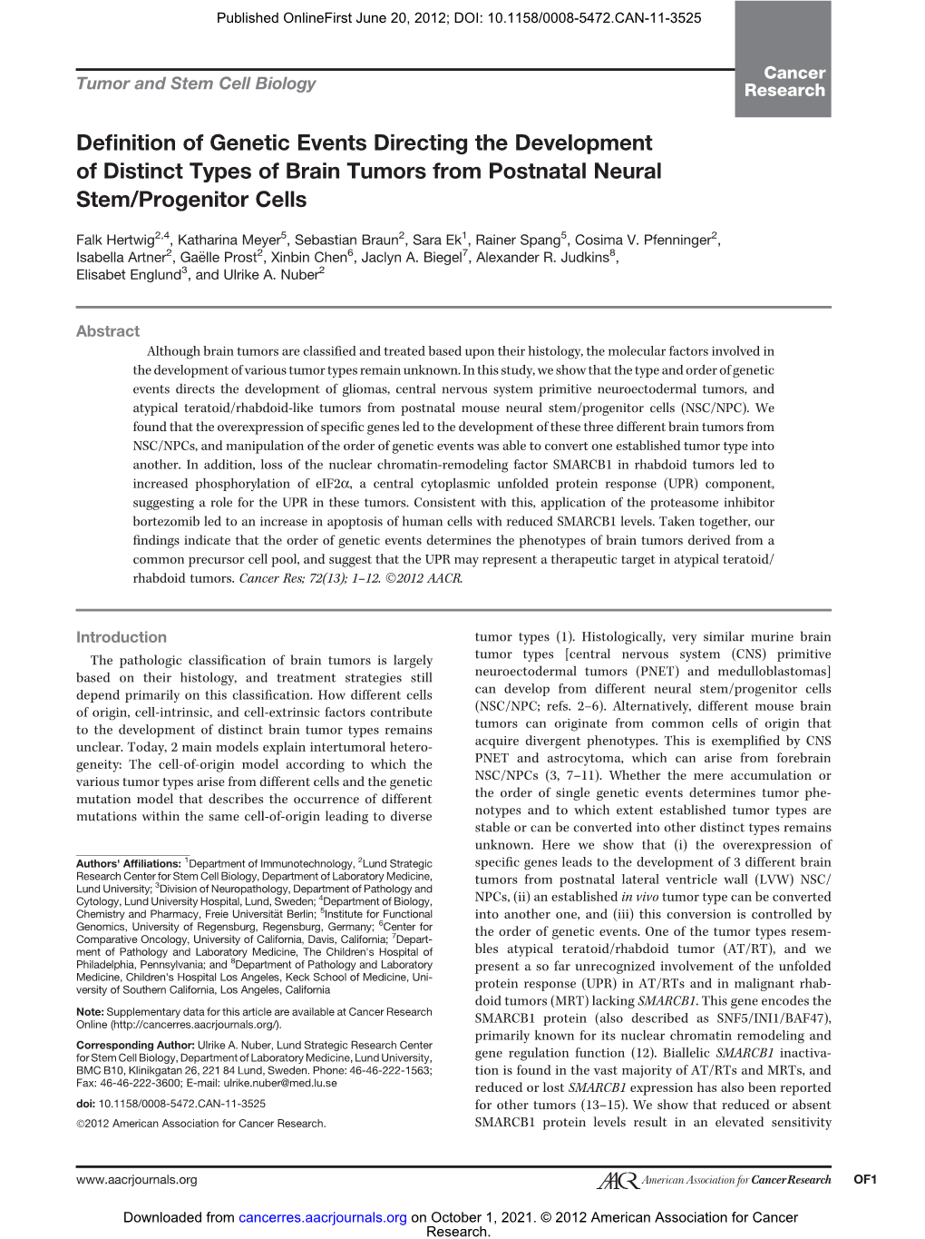 Definition of Genetic Events Directing the Development of Distinct Types of Brain Tumors from Postnatal Neural Stem/Progenitor Cells