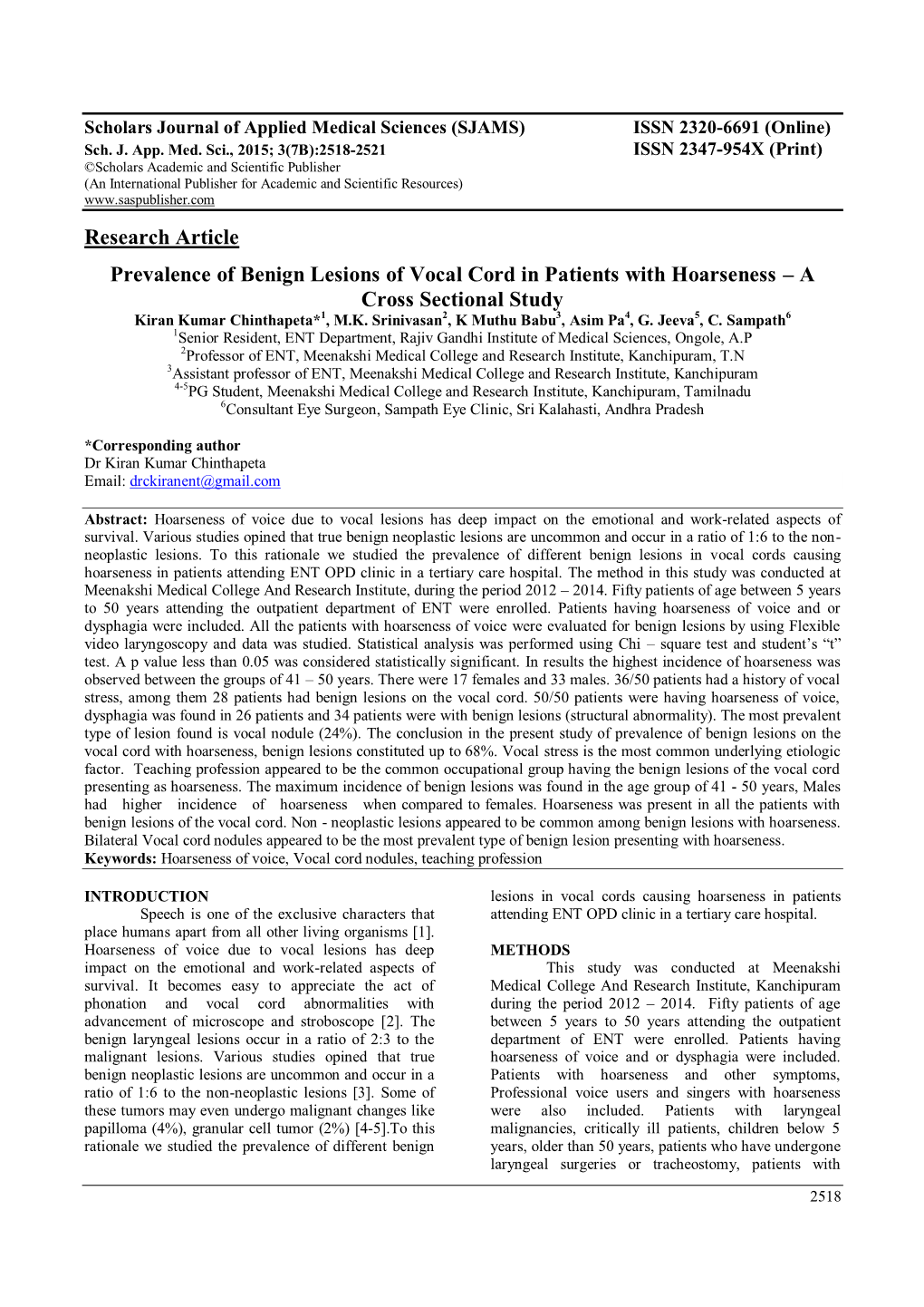 Research Article Prevalence of Benign Lesions of Vocal Cord In