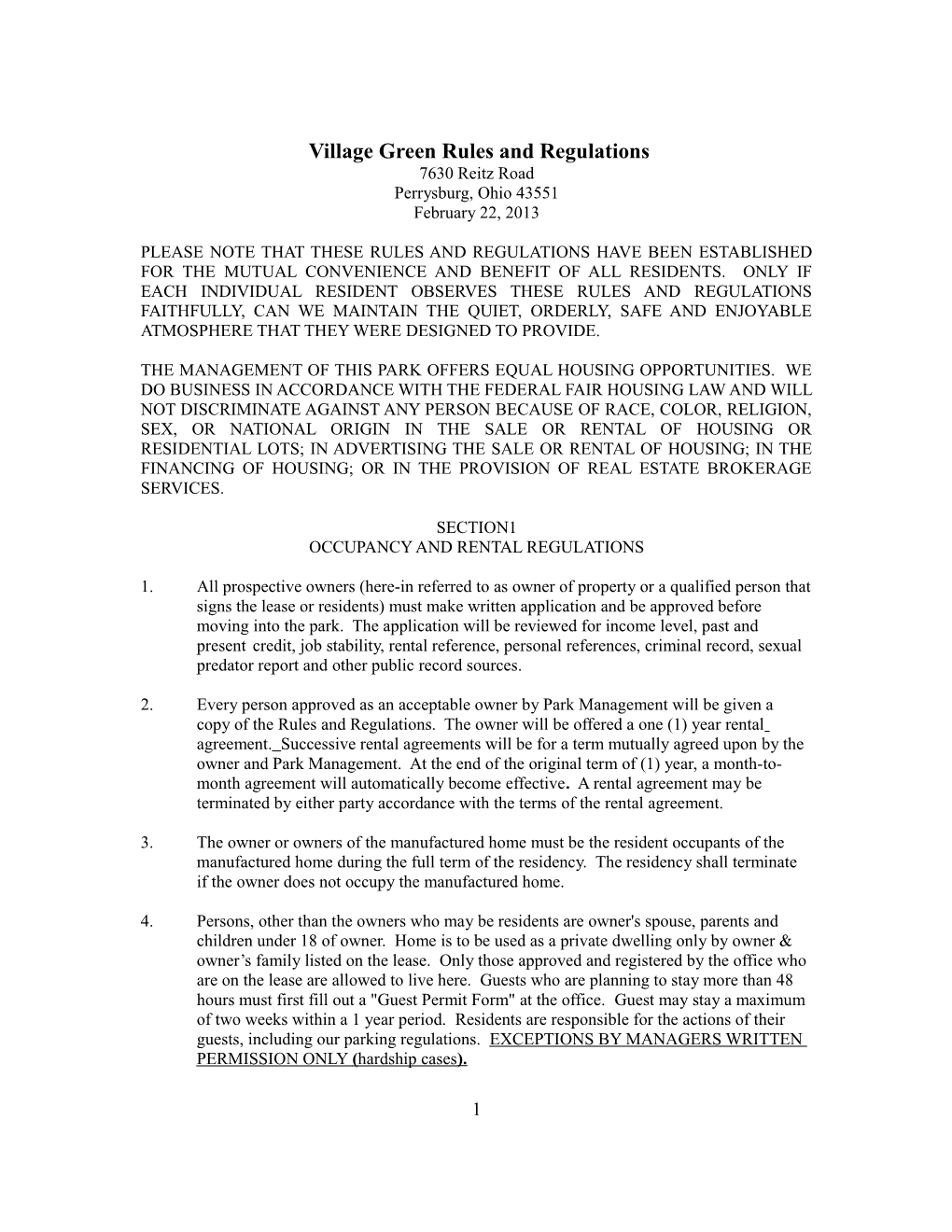 Village Green Rules and Regulations