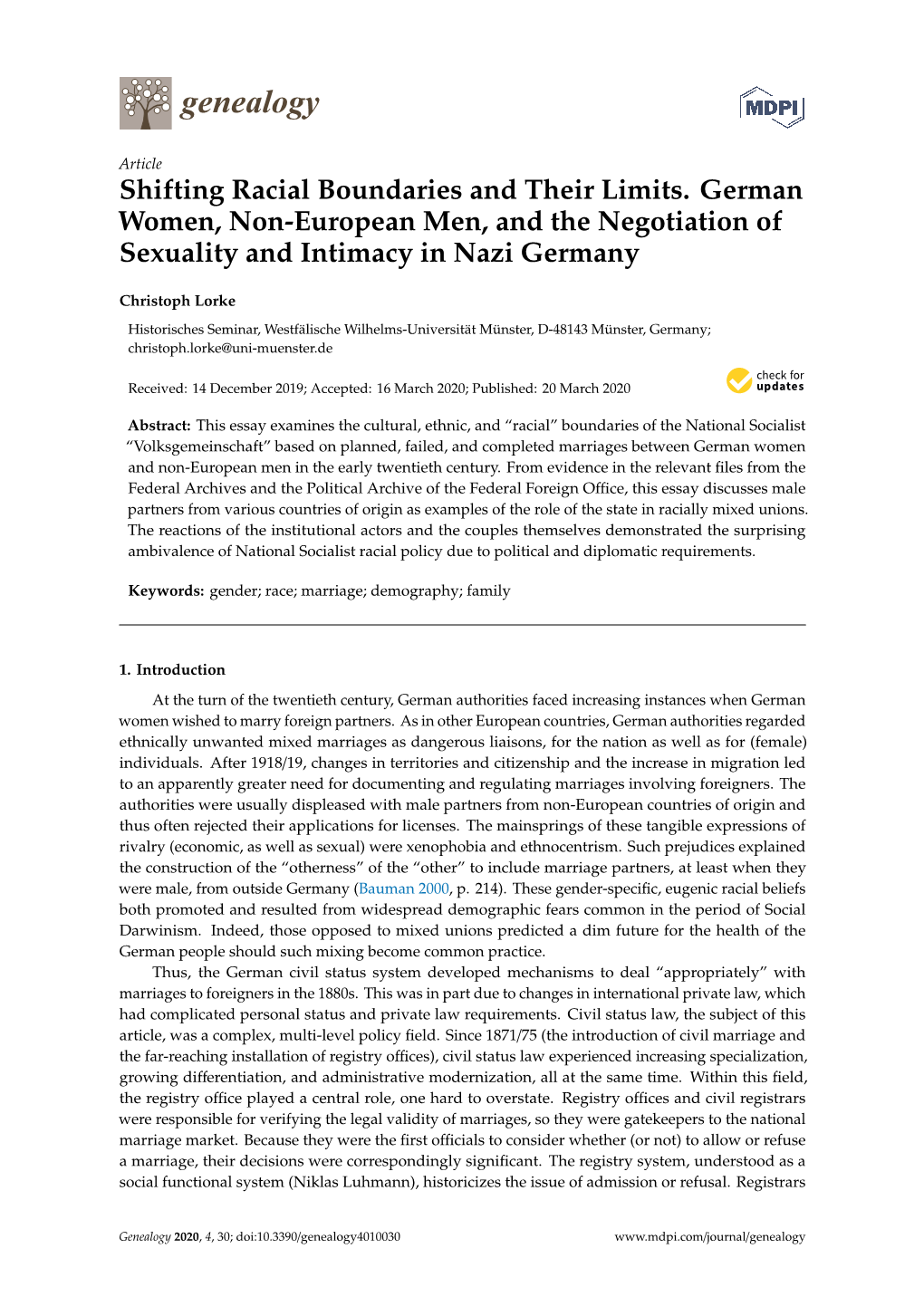 Shifting Racial Boundaries and Their Limits. German Women, Non-European Men, and the Negotiation of Sexuality and Intimacy in Nazi Germany