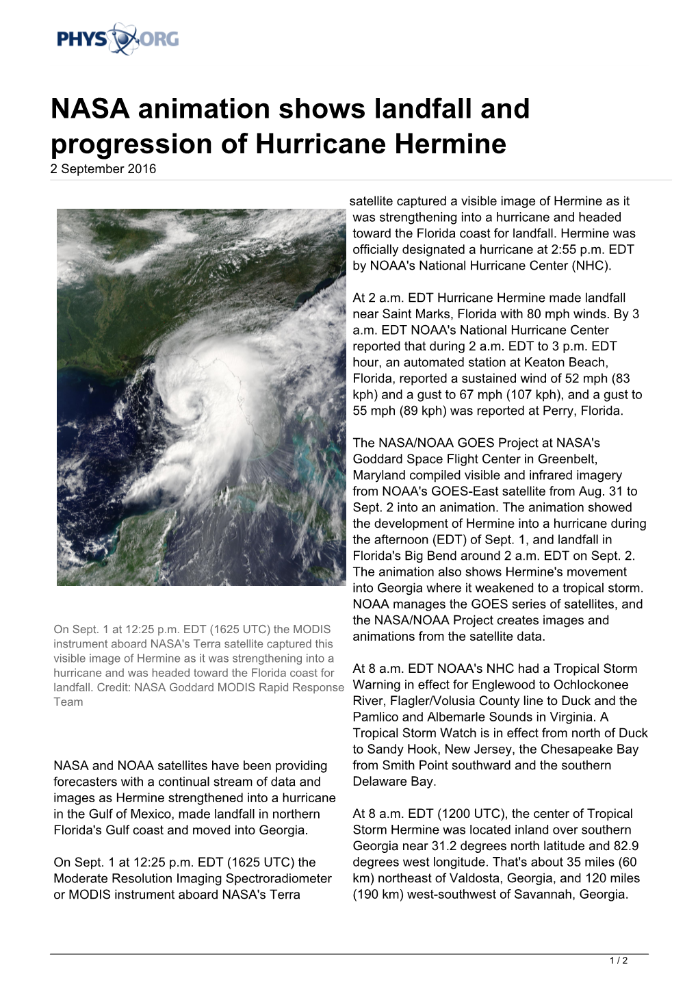 NASA Animation Shows Landfall and Progression of Hurricane Hermine 2 September 2016