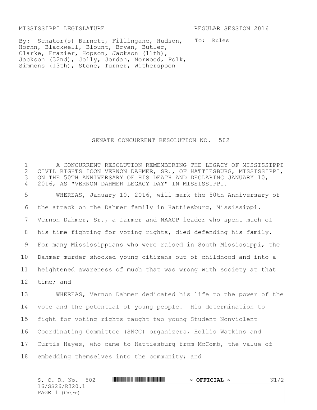 MISSISSIPPI LEGISLATURE REGULAR SESSION 2016 By