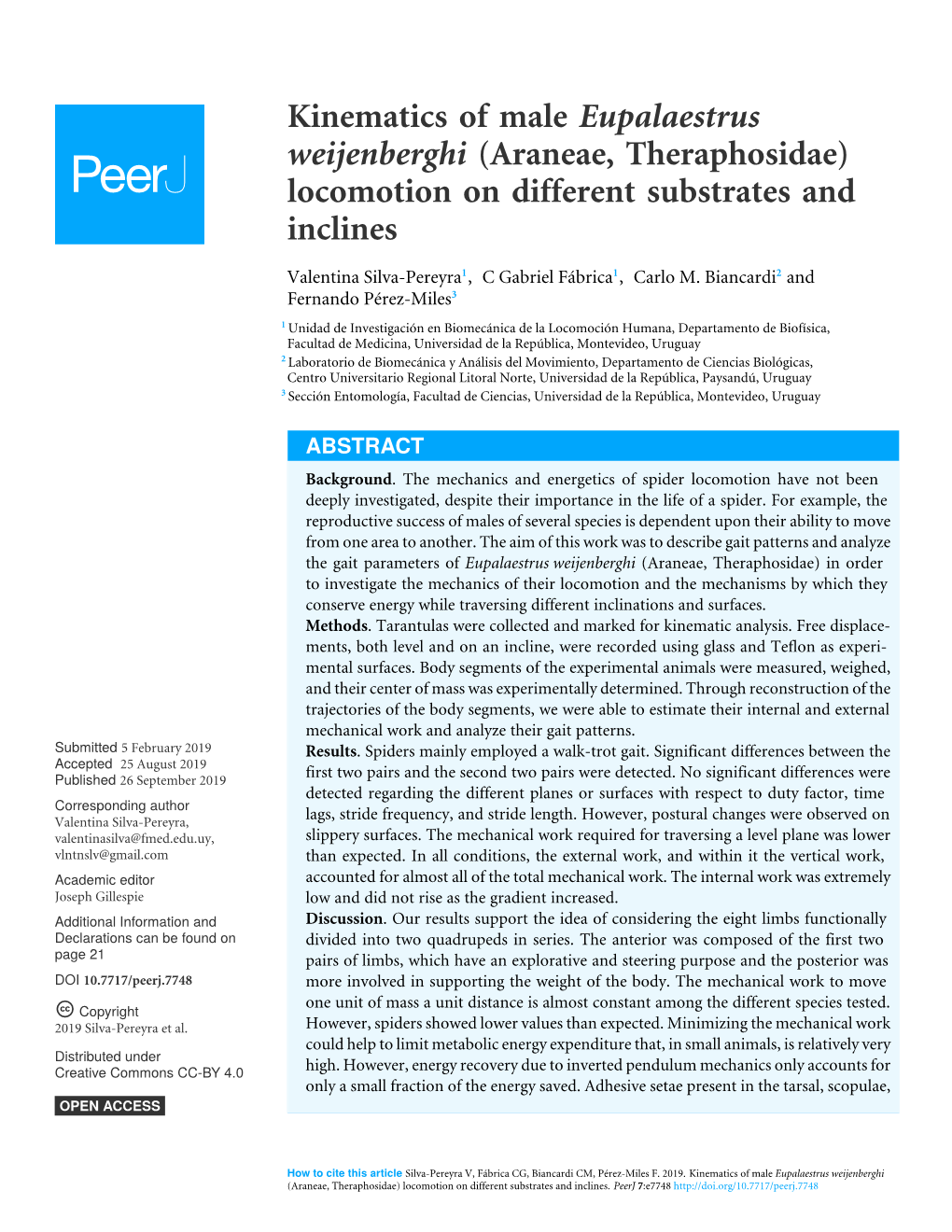 Kinematics of Male Eupalaestrus Weijenberghi (Araneae, Theraphosidae) Locomotion on Different Substrates and Inclines