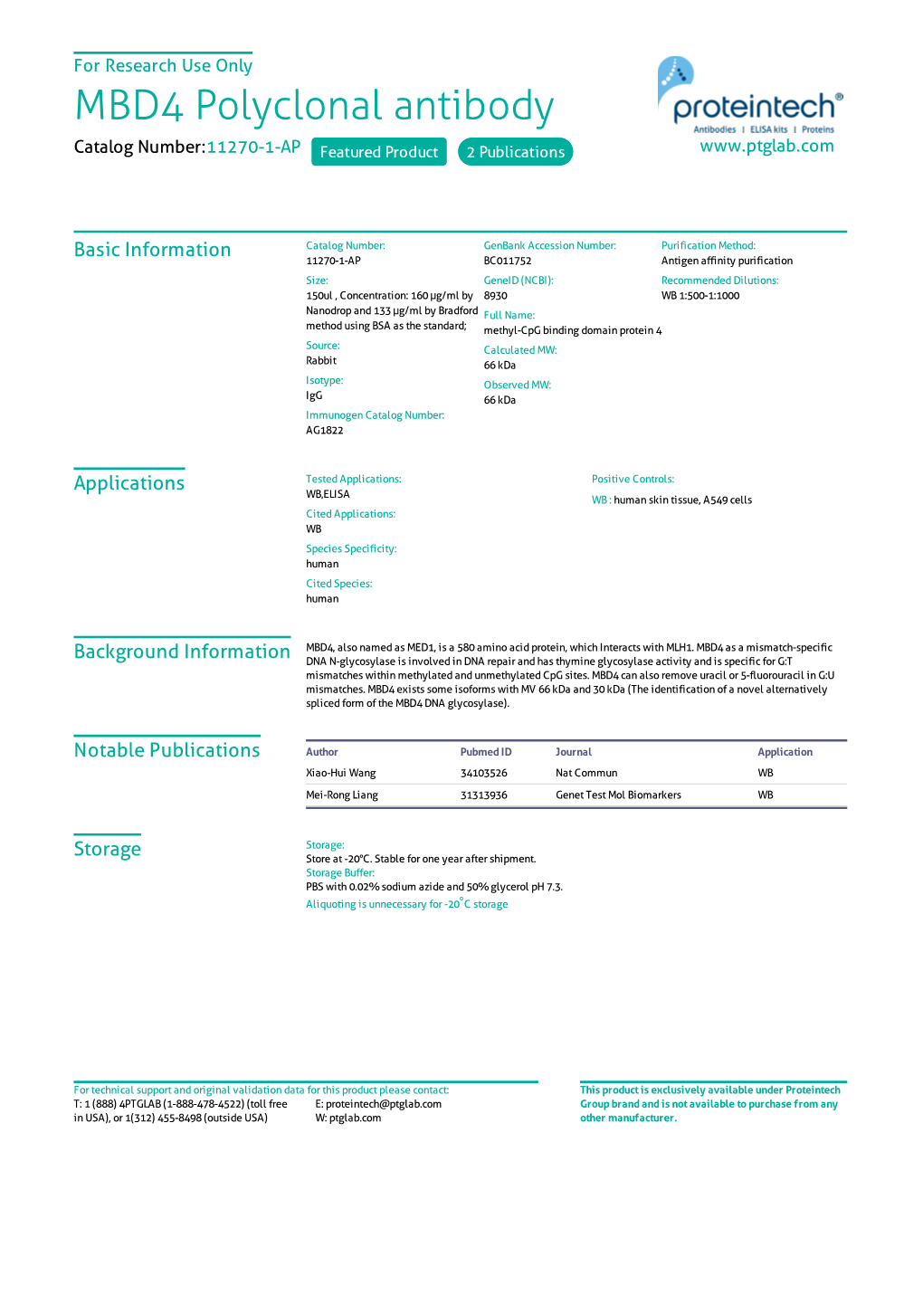 MBD4 Polyclonal Antibody Catalog Number:11270-1-AP Featured Product 2 Publications