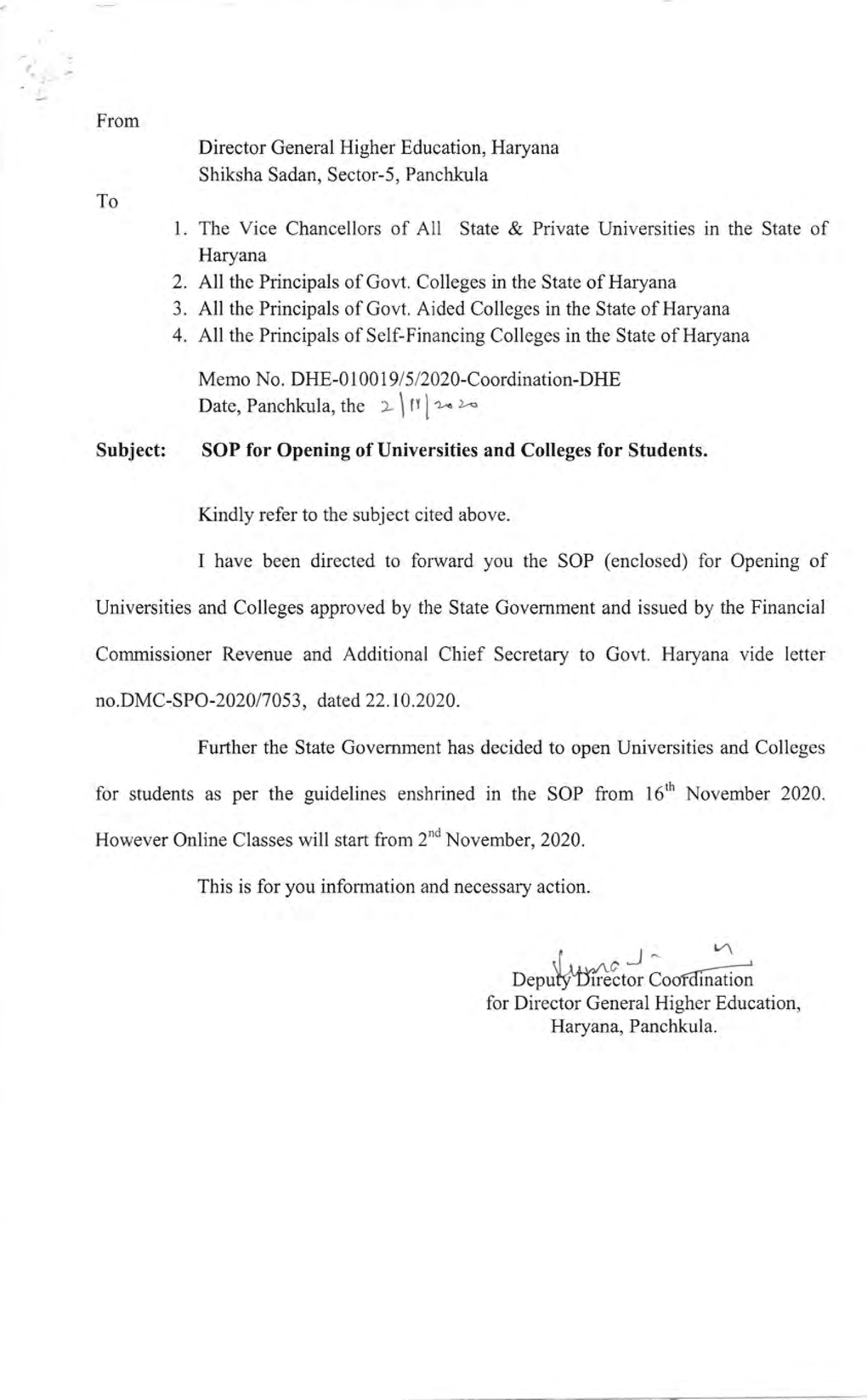 O.Puffi8tl'. C"*A;Ili for Director General Higher Education, Haryana, Panchkula