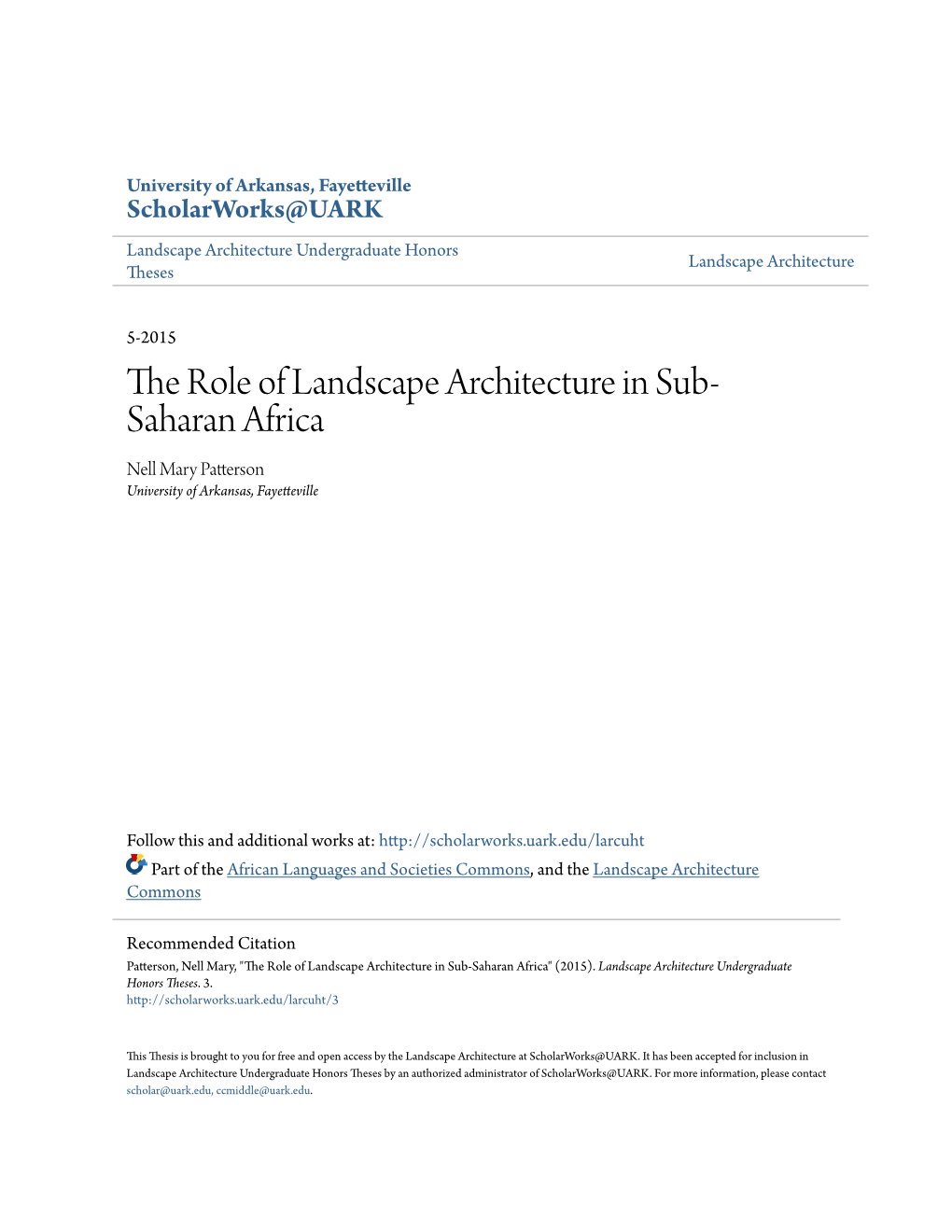 The Role of Landscape Architecture in Sub-Saharan Africa" (2015)