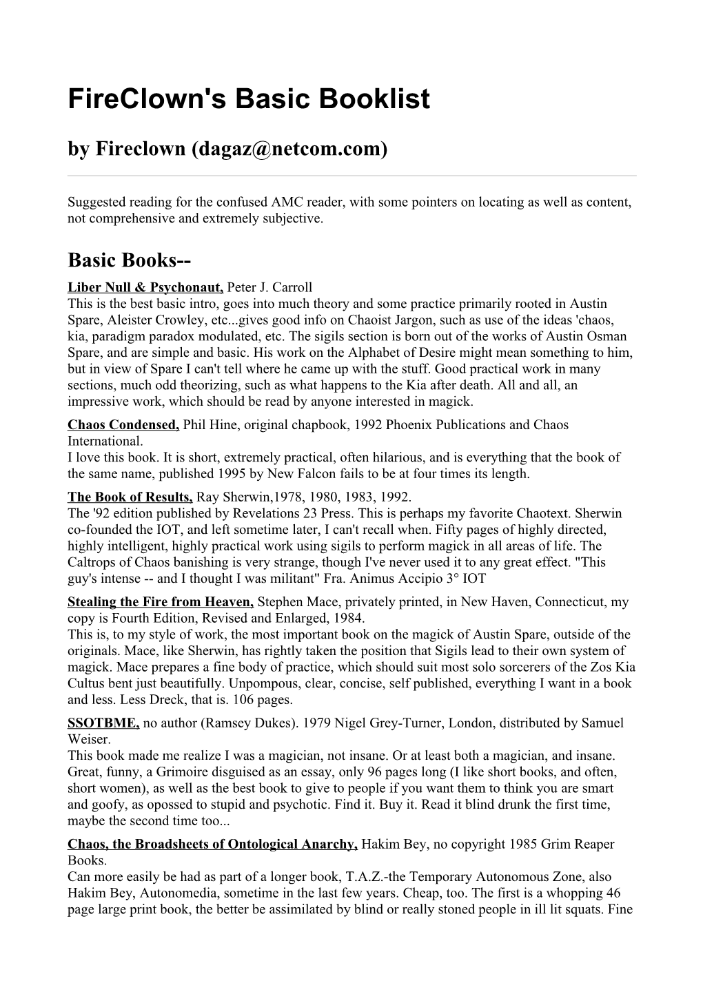 Fireclown's Basic Booklist by Fireclown (Dagaz@Netcom.Com)