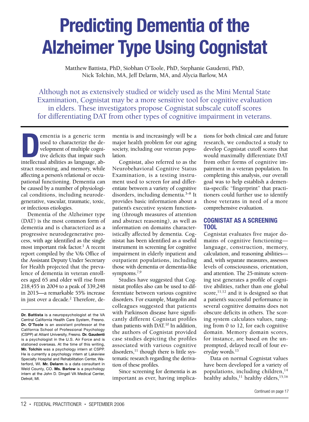 Predicting Dementia of the Alzheimer Type Using Cognistat