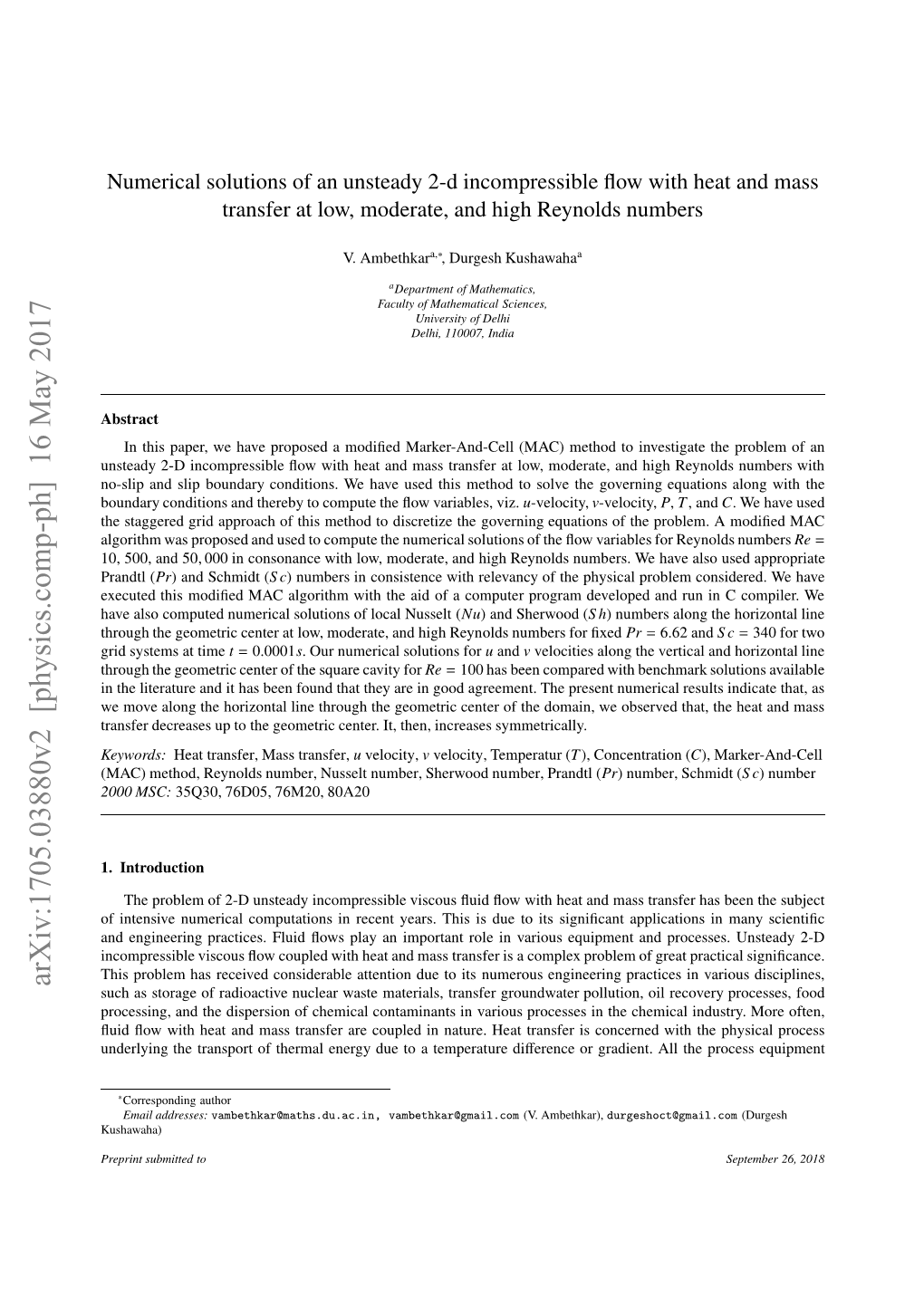 Numerical Solutions of an Unsteady 2-D Incompressible Flow with Heat