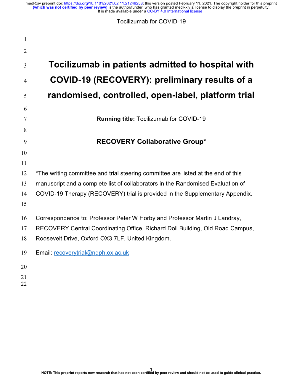 (RECOVERY) Trial Is Provided in the Supplementary Appendix