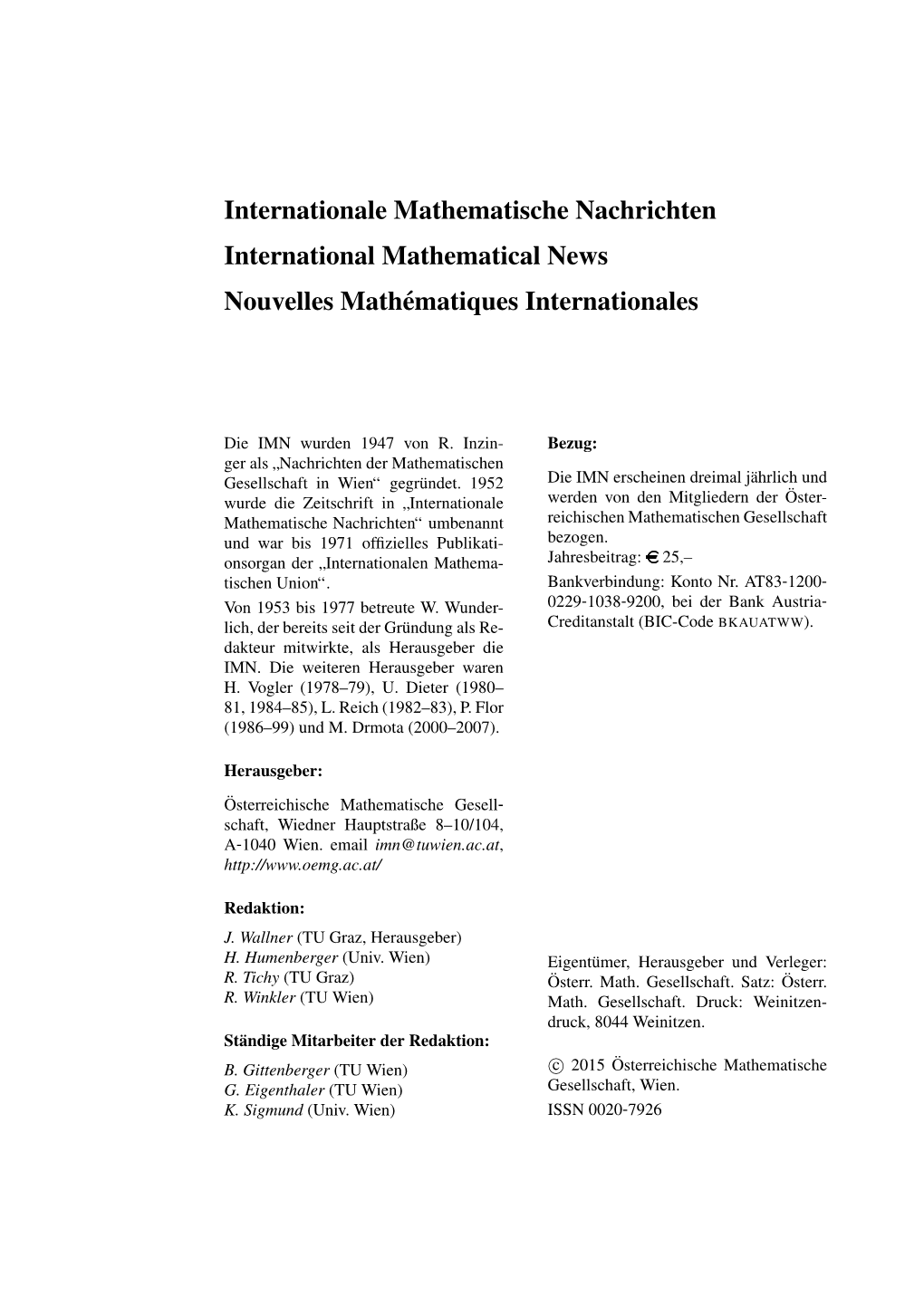 Internationale Mathematische Nachrichten International Mathematical News Nouvelles Mathematiques´ Internationales