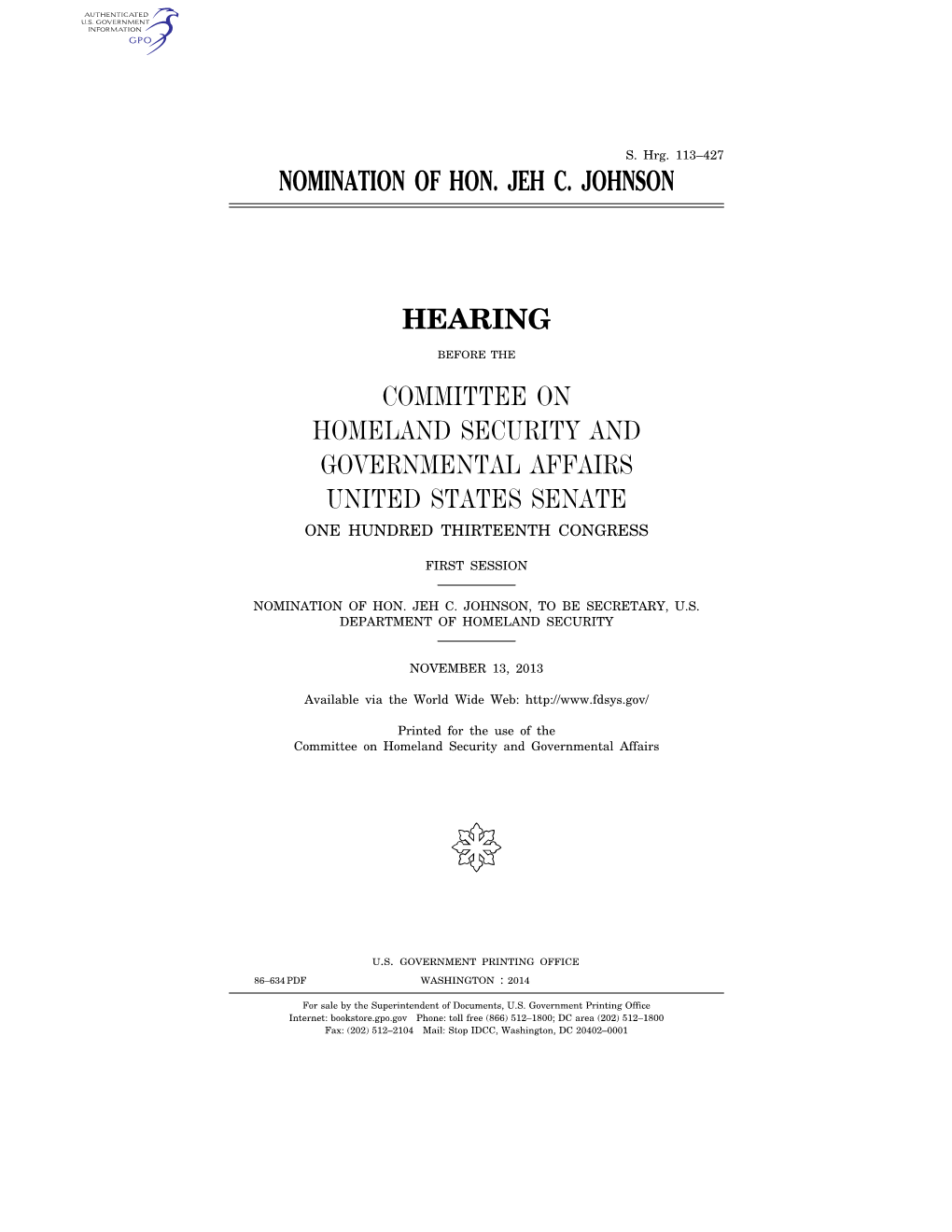 Nomination of Hon. Jeh C. Johnson Hearing Committee