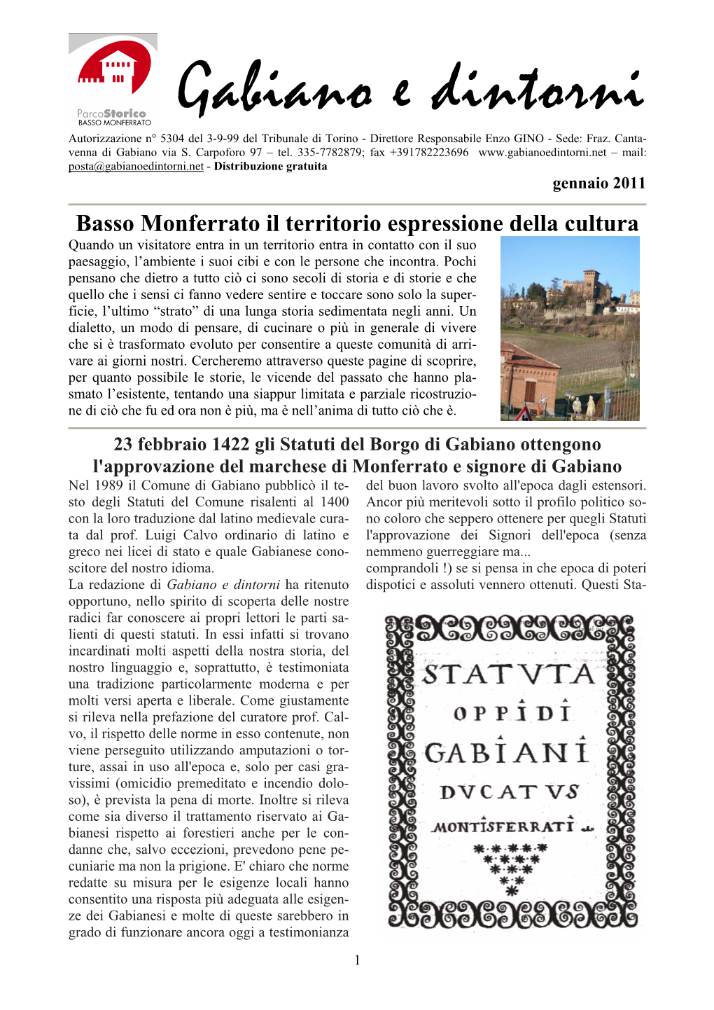 Gabiano E Dintorni Autorizzazione N° 5304 Del 3-9-99 Del Tribunale Di Torino - Direttore Responsabile Enzo GINO - Sede: Fraz