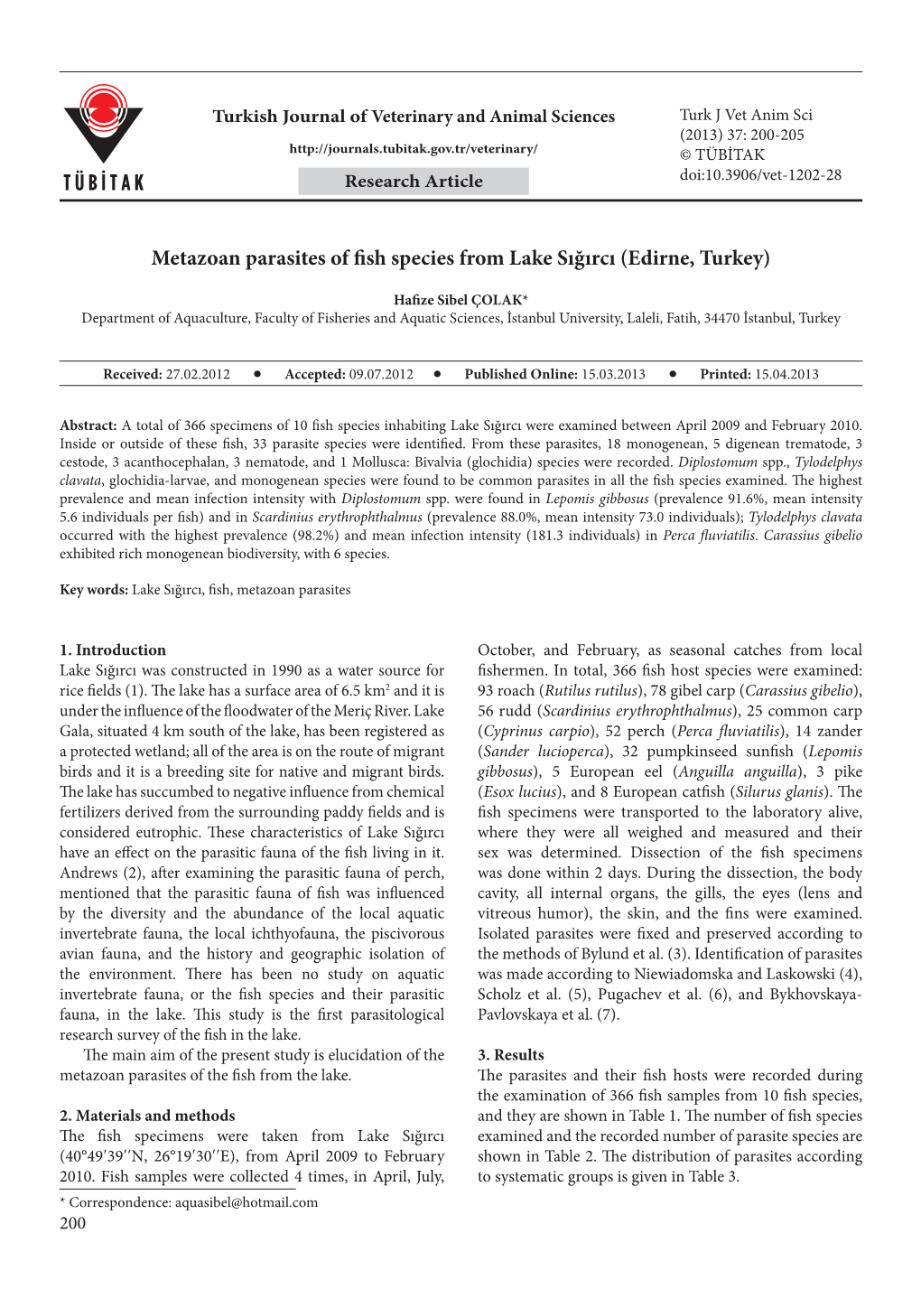 Metazoan Parasites of Fish Species from Lake Sığırcı (Edirne, Turkey)