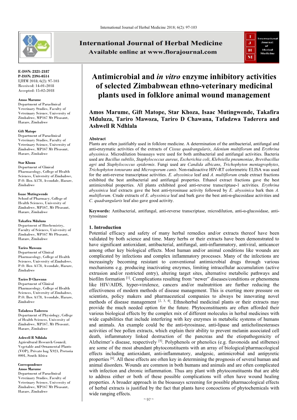 Antimicrobial and in Vitro Enzyme Inhibitory Activities of Selected