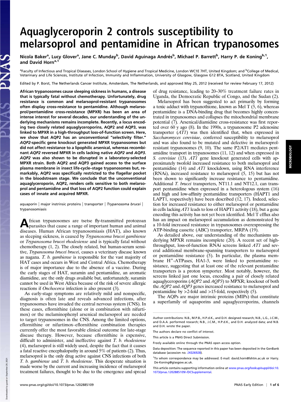 Aquaglyceroporin 2 Controls Susceptibility to Melarsoprol and Pentamidine in African Trypanosomes