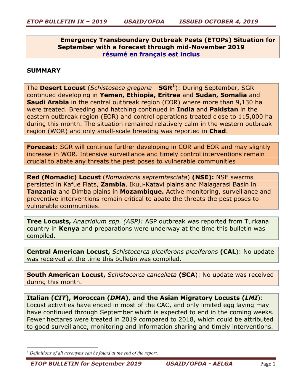 ETOP BULLETIN for September 2019 USAID/OFDA - AELGA Page 1 ETOP BULLETIN IX – 2019 USAID/OFDA ISSUED OCTOBER 4, 2019