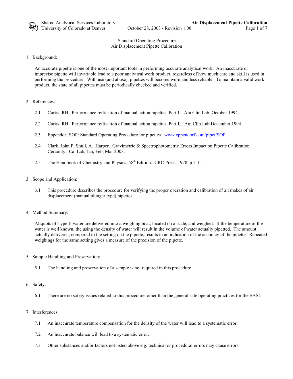 C:\My Files\Toxicology\QA Procedures\Pipette Calibration SOP.Wpd