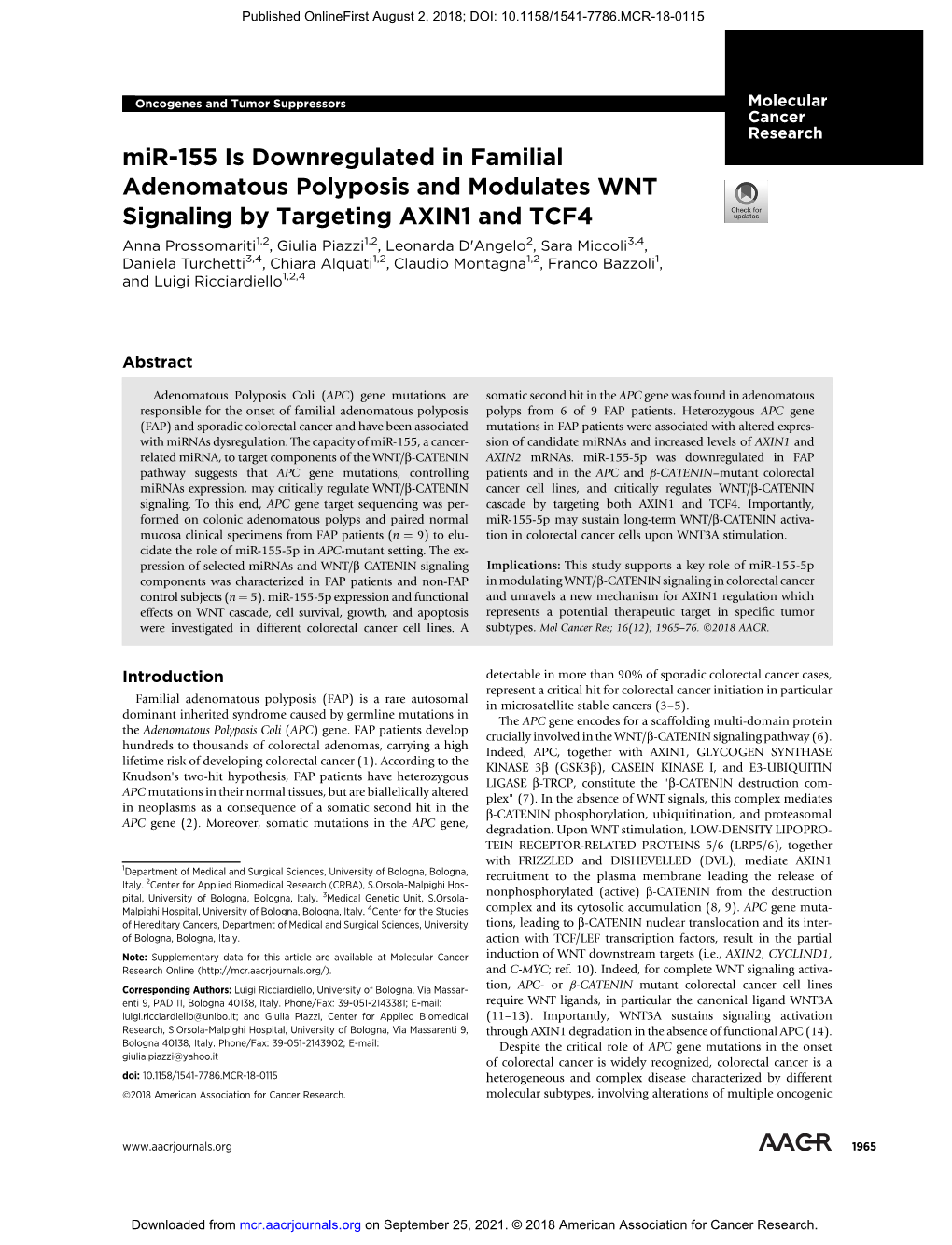 Mir-155 Is Downregulated in Familial Adenomatous Polyposis And