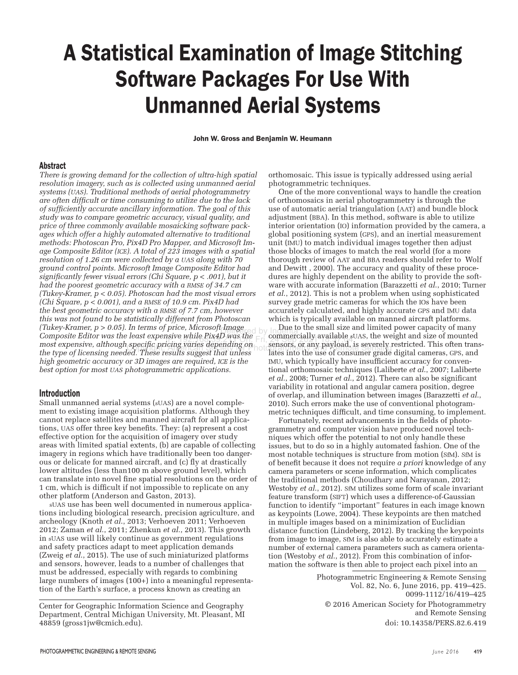 A Statistical Examination of Image Stitching Software Packages for Use with Unmanned Aerial Systems