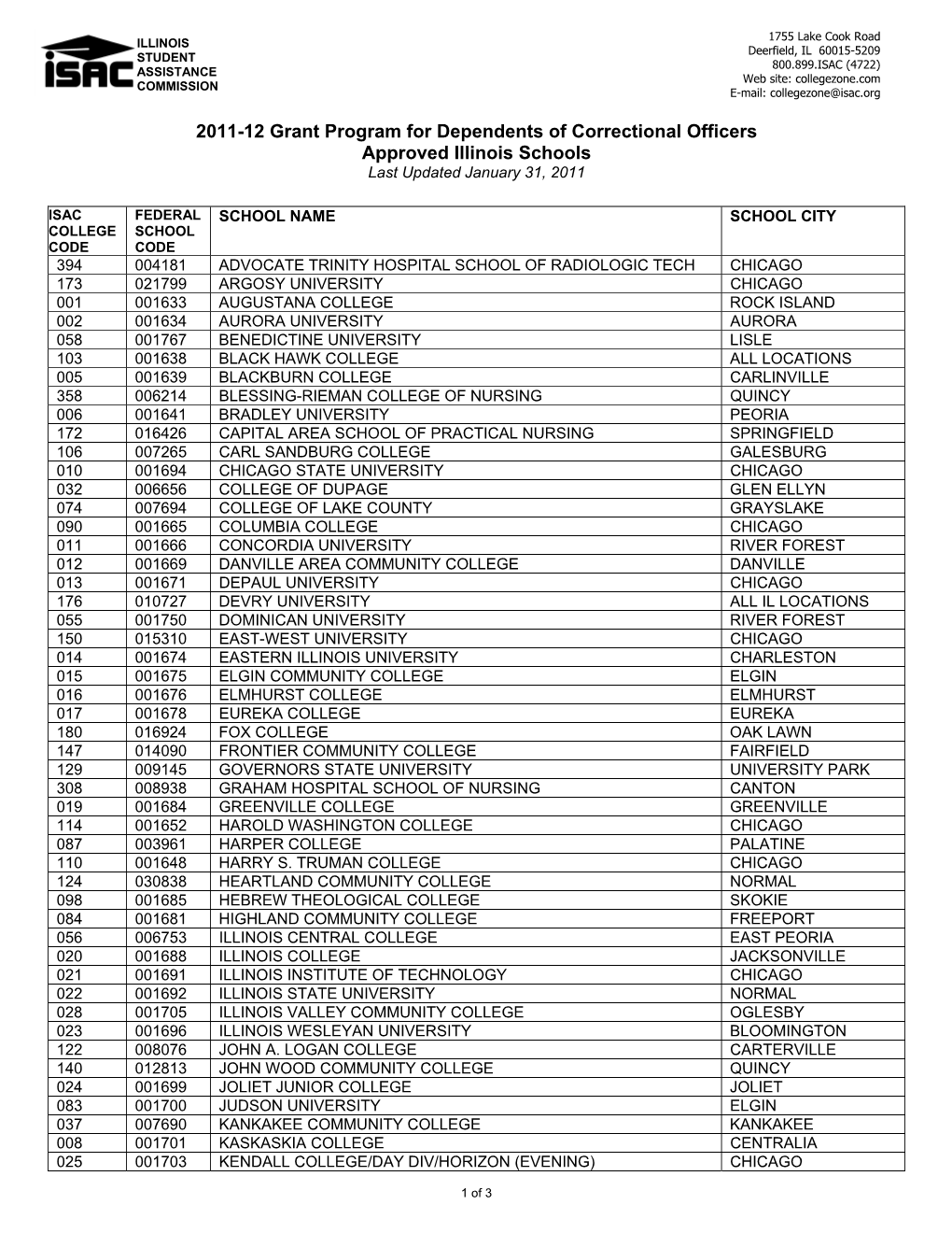 2011-12 Grant Program for Dependents of Correctional Officers Approved Illinois Schools Last Updated January 31, 2011