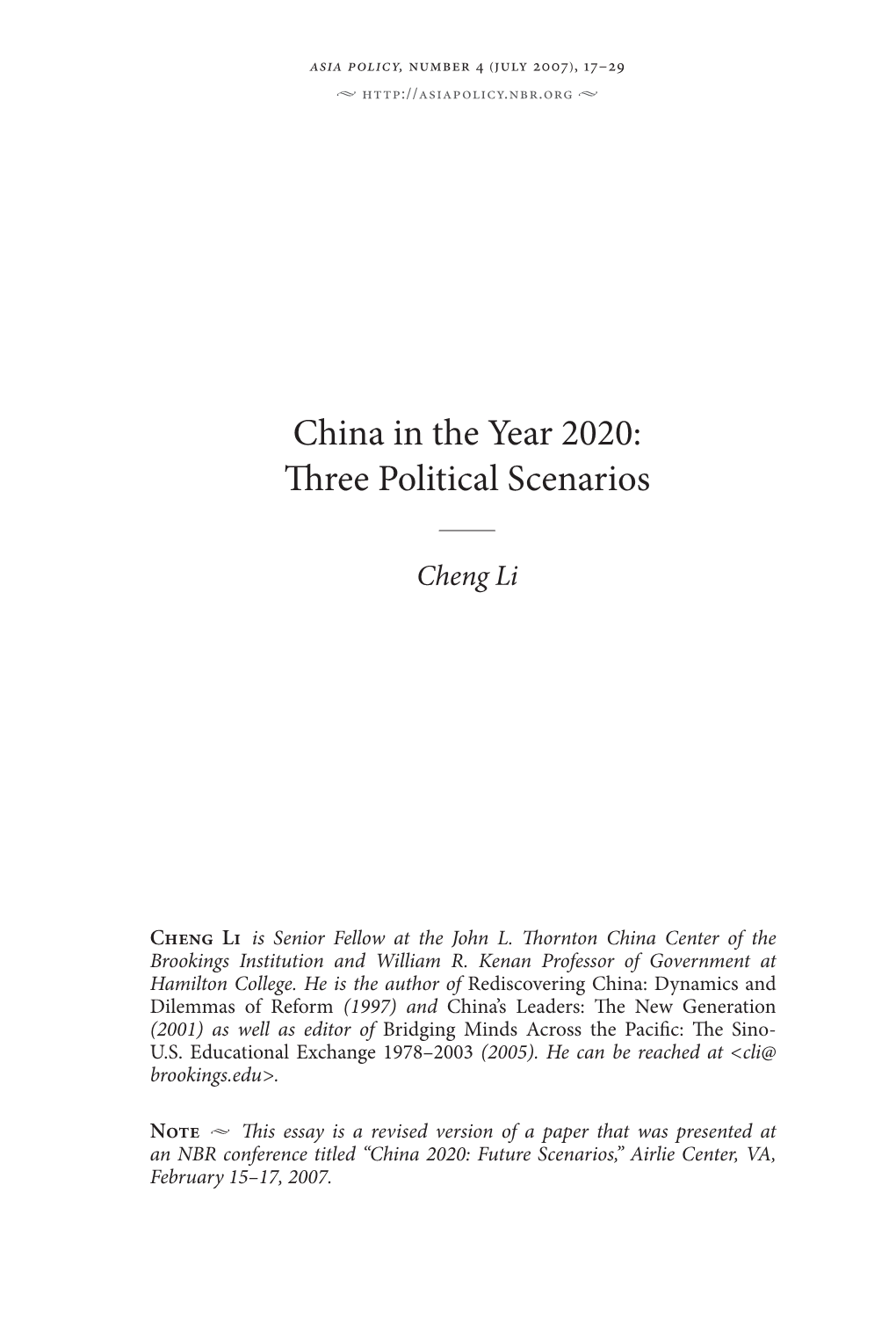 China in the Year 2020: Three Political Scenarios