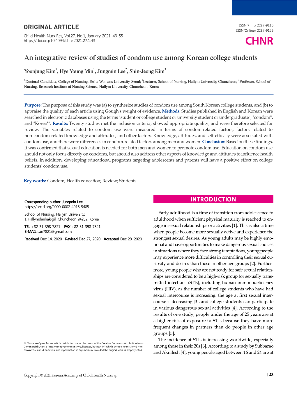 An Integrative Review of Studies of Condom Use Among Korean College Students