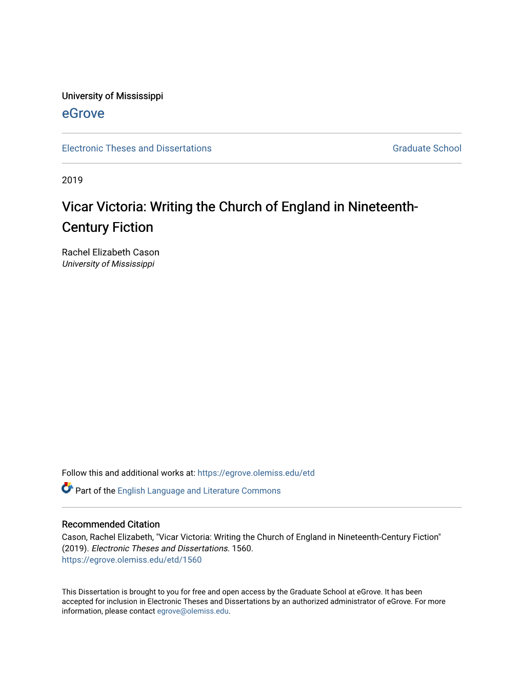 Vicar Victoria: Writing the Church of England in Nineteenth-Century Fiction