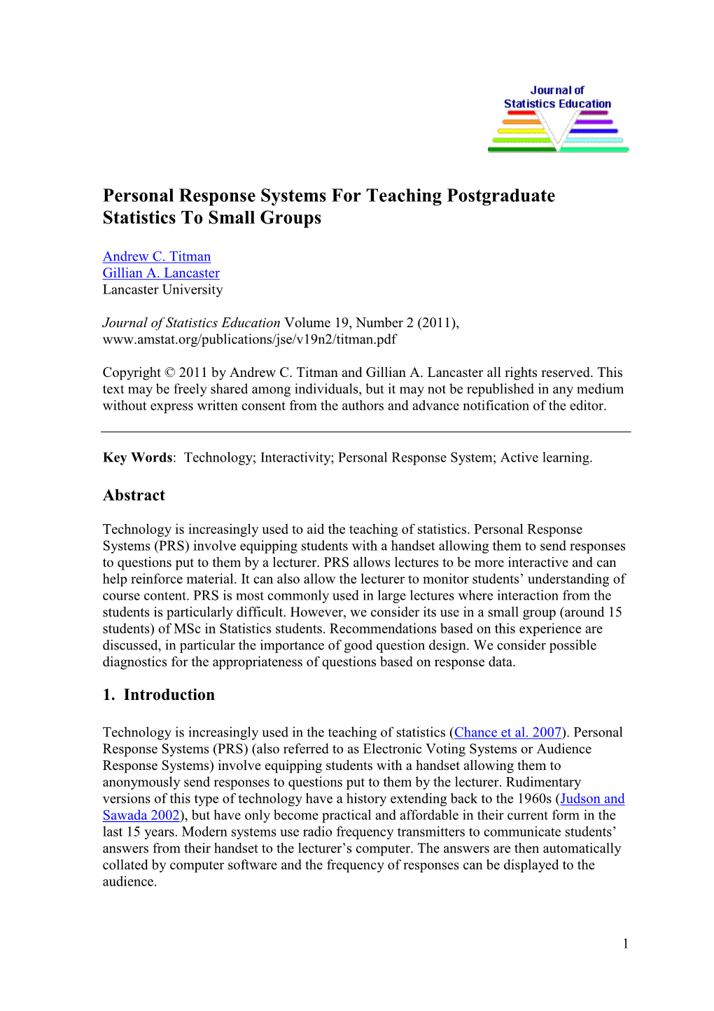 Personal Response Systems for Teaching Postgraduate Statistics to Small Groups