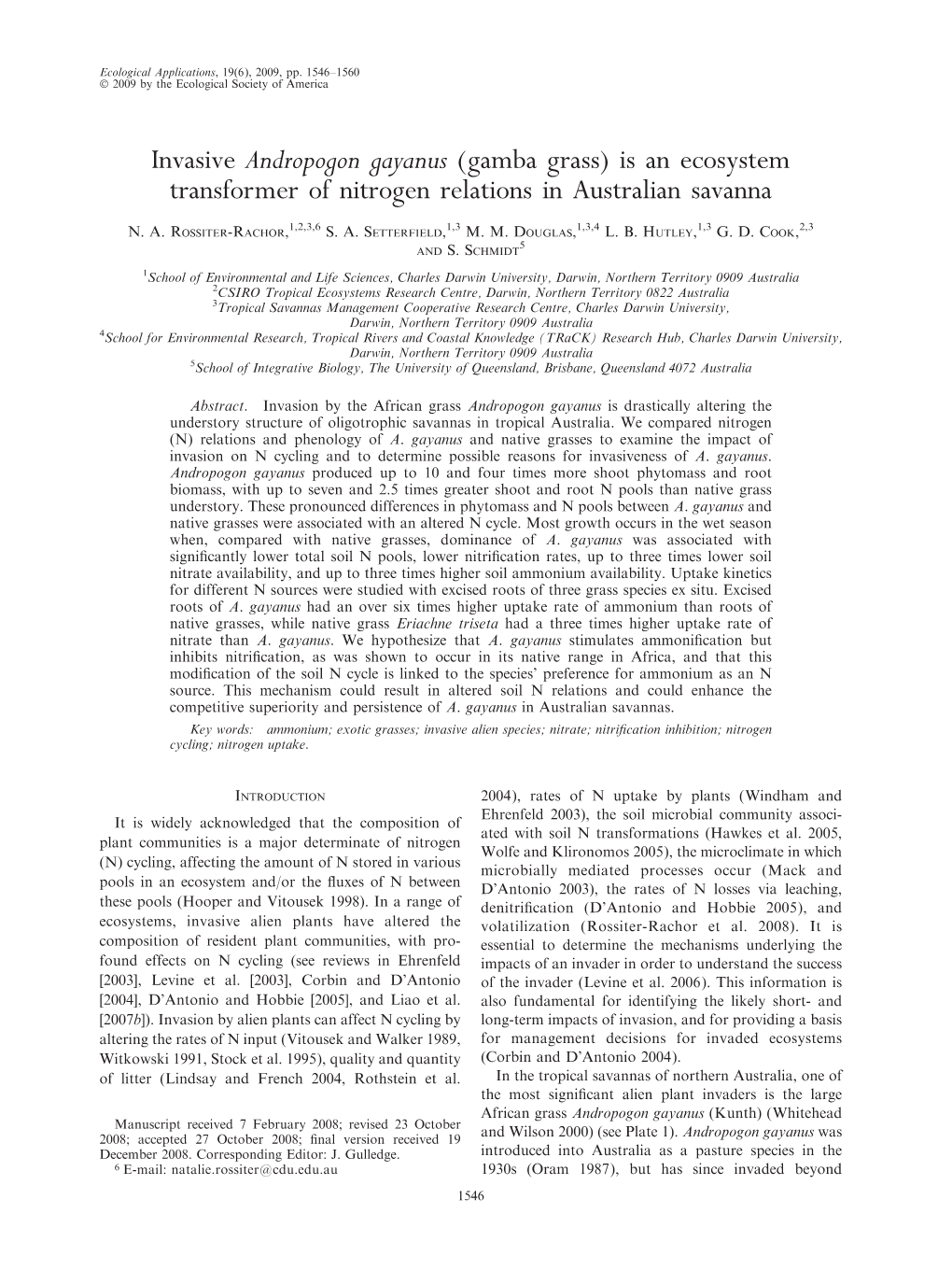 Invasive Andropogon Gayanus (Gamba Grass) Is an Ecosystem Transformer of Nitrogen Relations in Australian Savanna