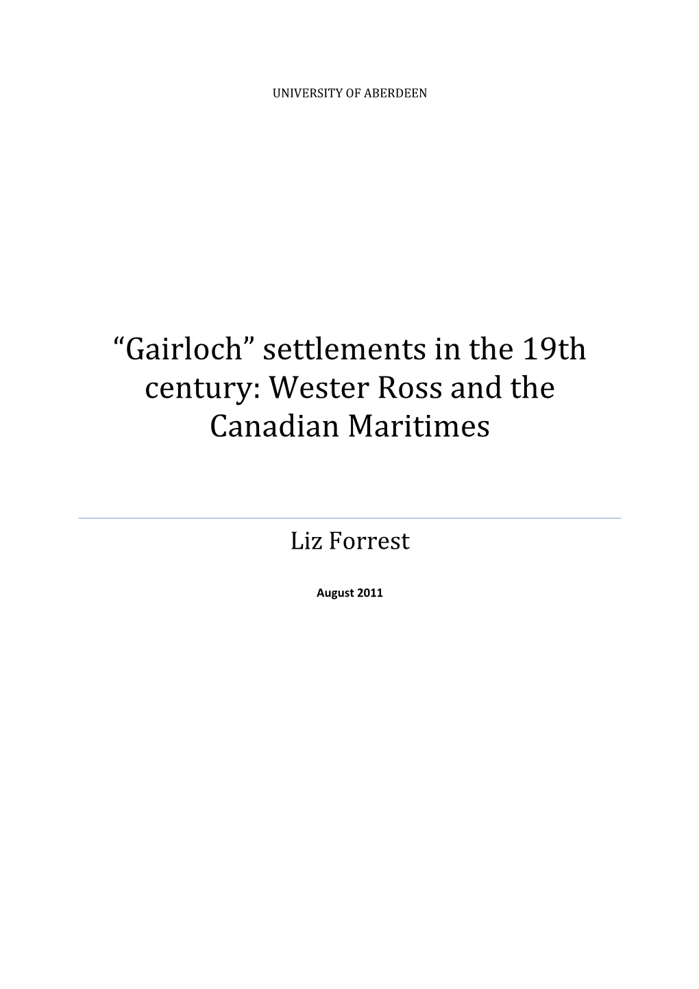 Gairloch” Settlements in the 19Th Century: Wester Ross and the Canadian Maritimes