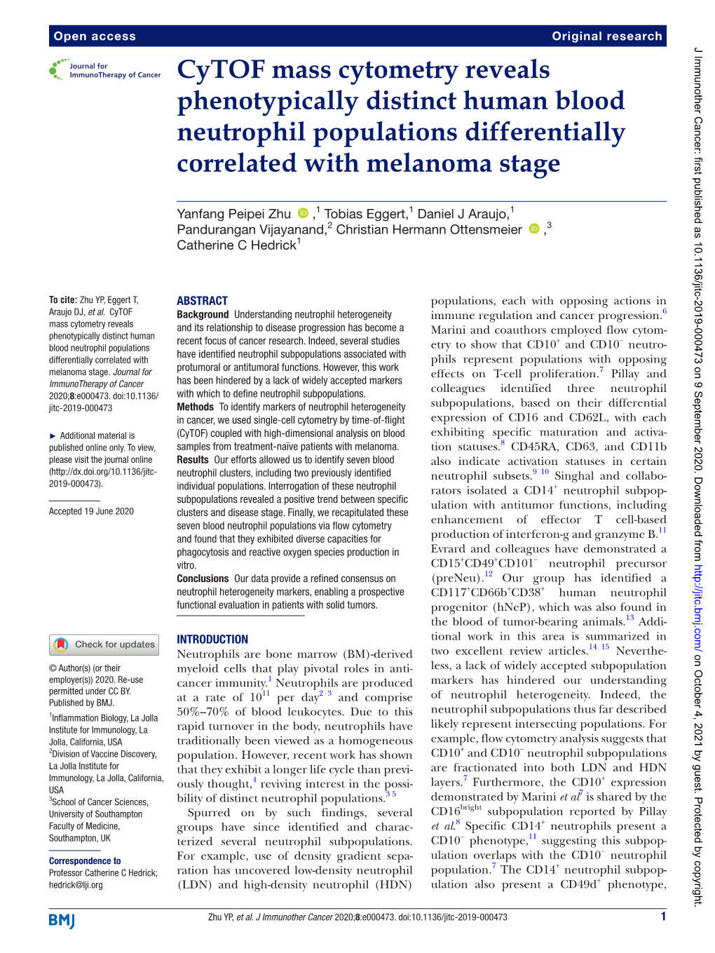 Cytof Mass Cytometry Reveals Phenotypically Distinct Human Blood Neutrophil Populations Differentially Correlated with Melanoma Stage