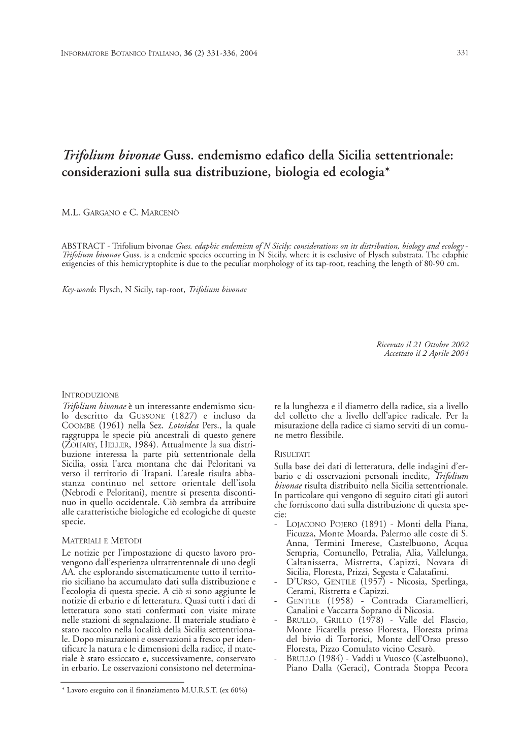 Trifolium Bivonae Guss. Endemismo Edafico Della Sicilia Settentrionale: Considerazioni Sulla Sua Distribuzione, Biologia Ed Ecologia*