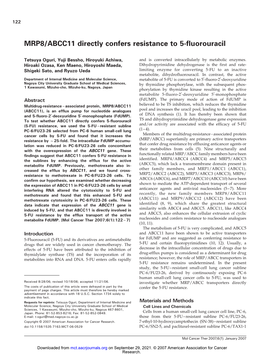 MRP8/ABCC11 Directly Confers Resistance to 5-Fluorouracil