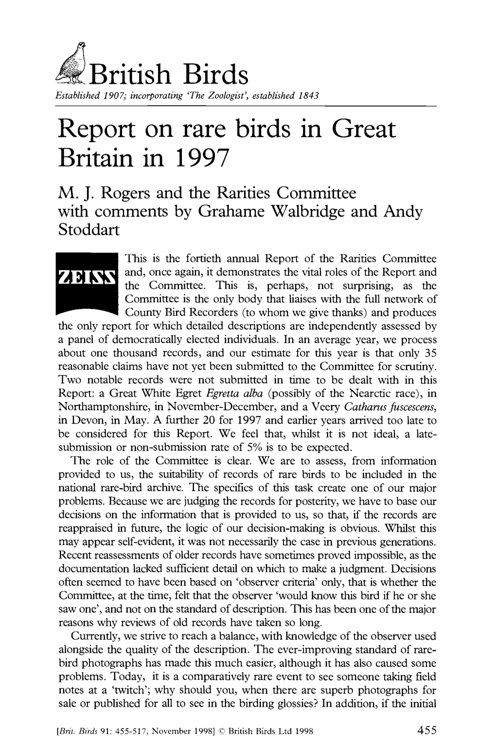 British Birds Report on Rare Birds in Great Britain in 1997