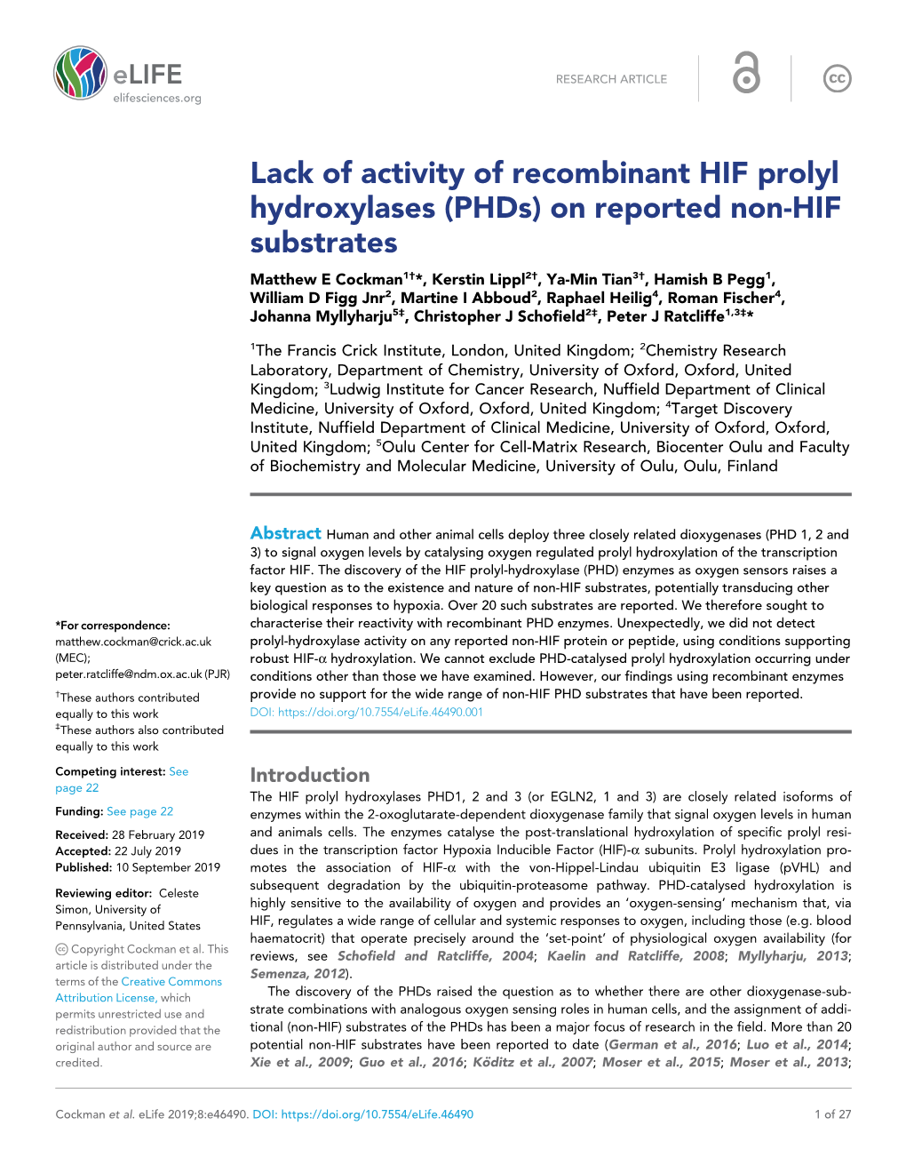 Lack of Activity of Recombinant HIF Prolyl Hydroxylases