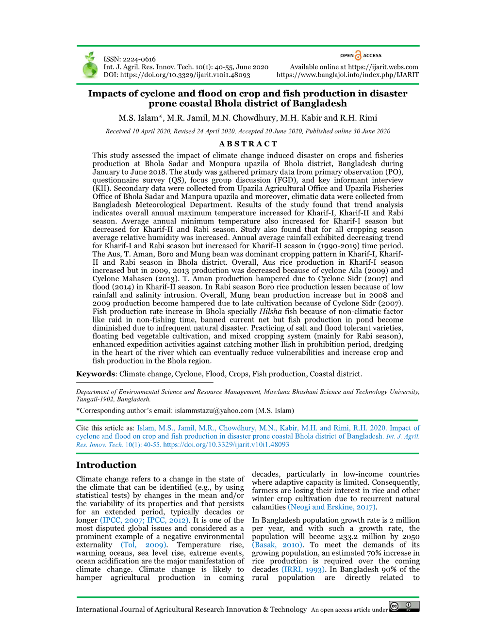 Impacts of Cyclone and Flood on Crop and Fish Production in Disaster Prone Coastal Bhola District of Bangladesh