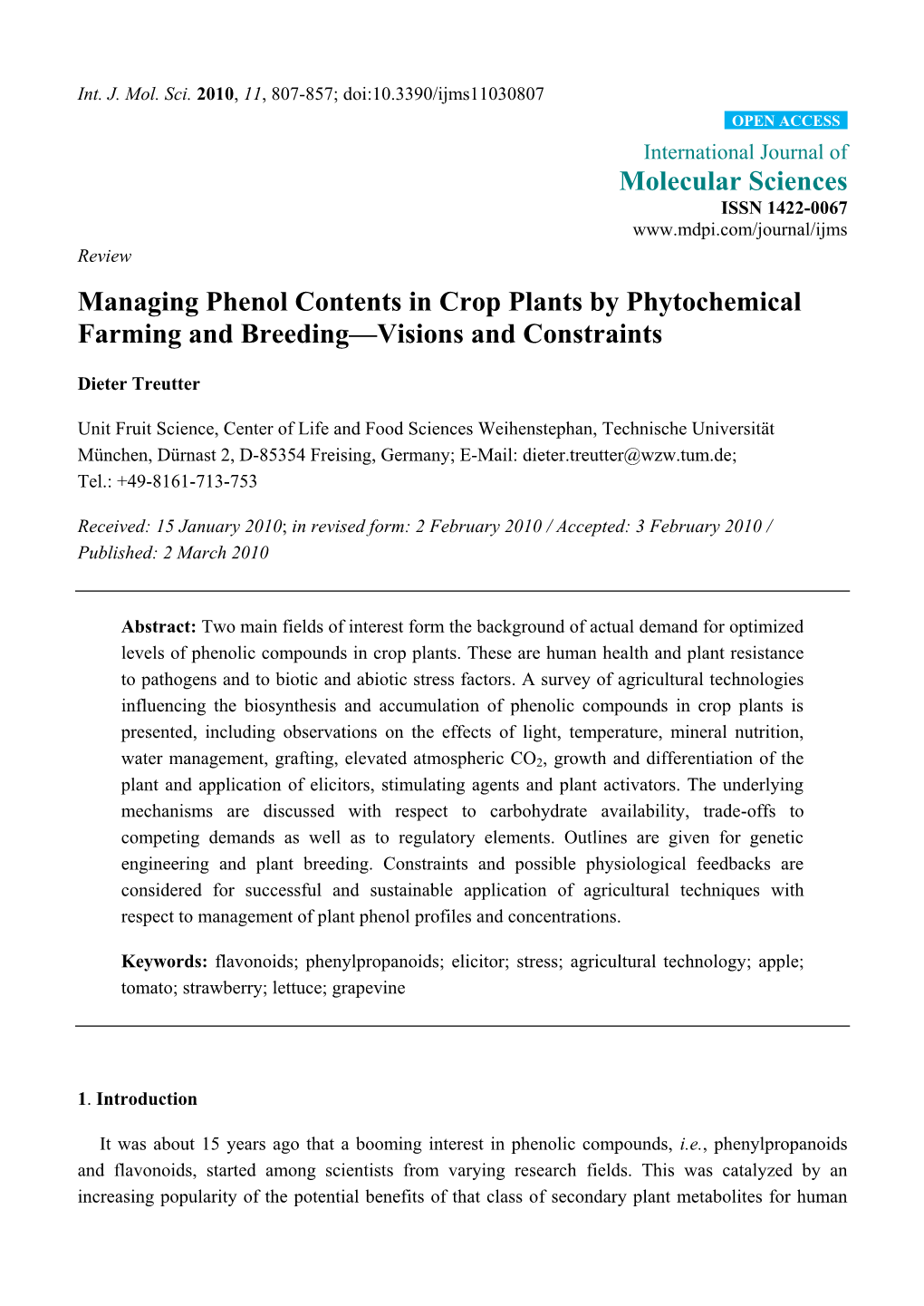 Molecular Sciences Managing Phenol Contents in Crop Plants By